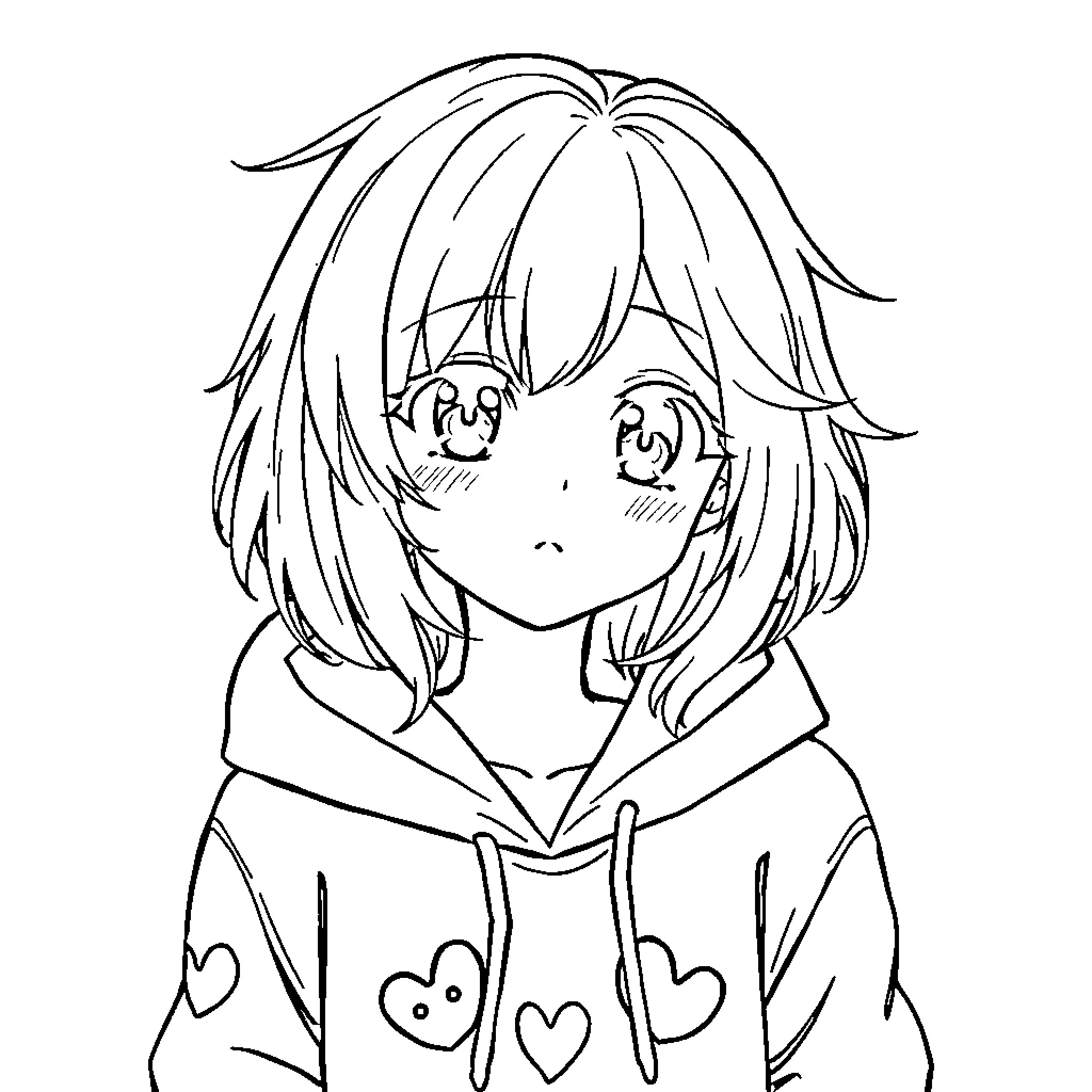 Anime Girl with Hoodie and Shy Expression Coloring Page (free black-and-white line drawing printable PDF for all, from beginners to advanced learners, including children, teens, adults, and seniors)