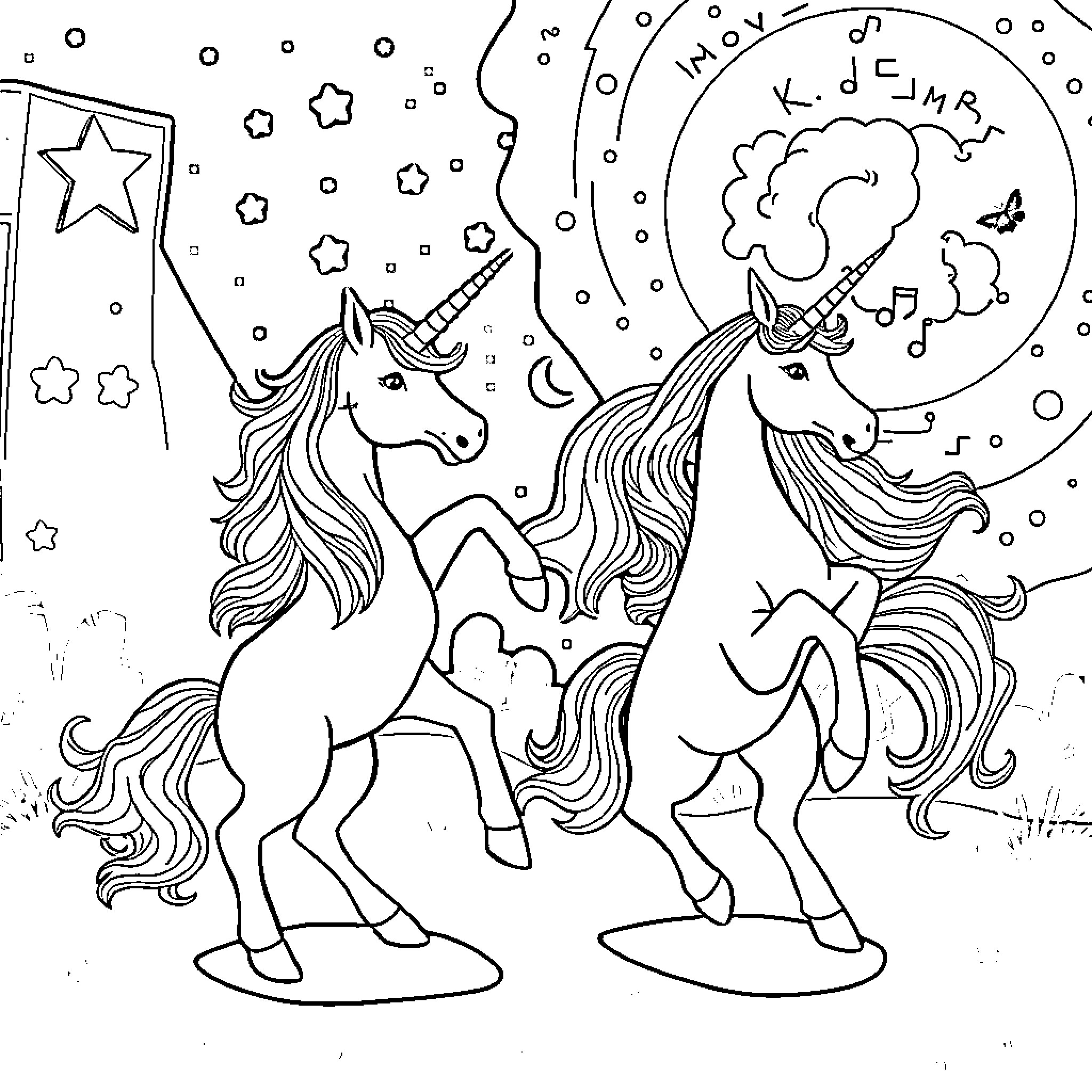 Unicorn friends playing under the starry night sky Coloring Page (free black-and-white line drawing printable PDF for all, from beginners to advanced learners, including children, teens, adults, and seniors)