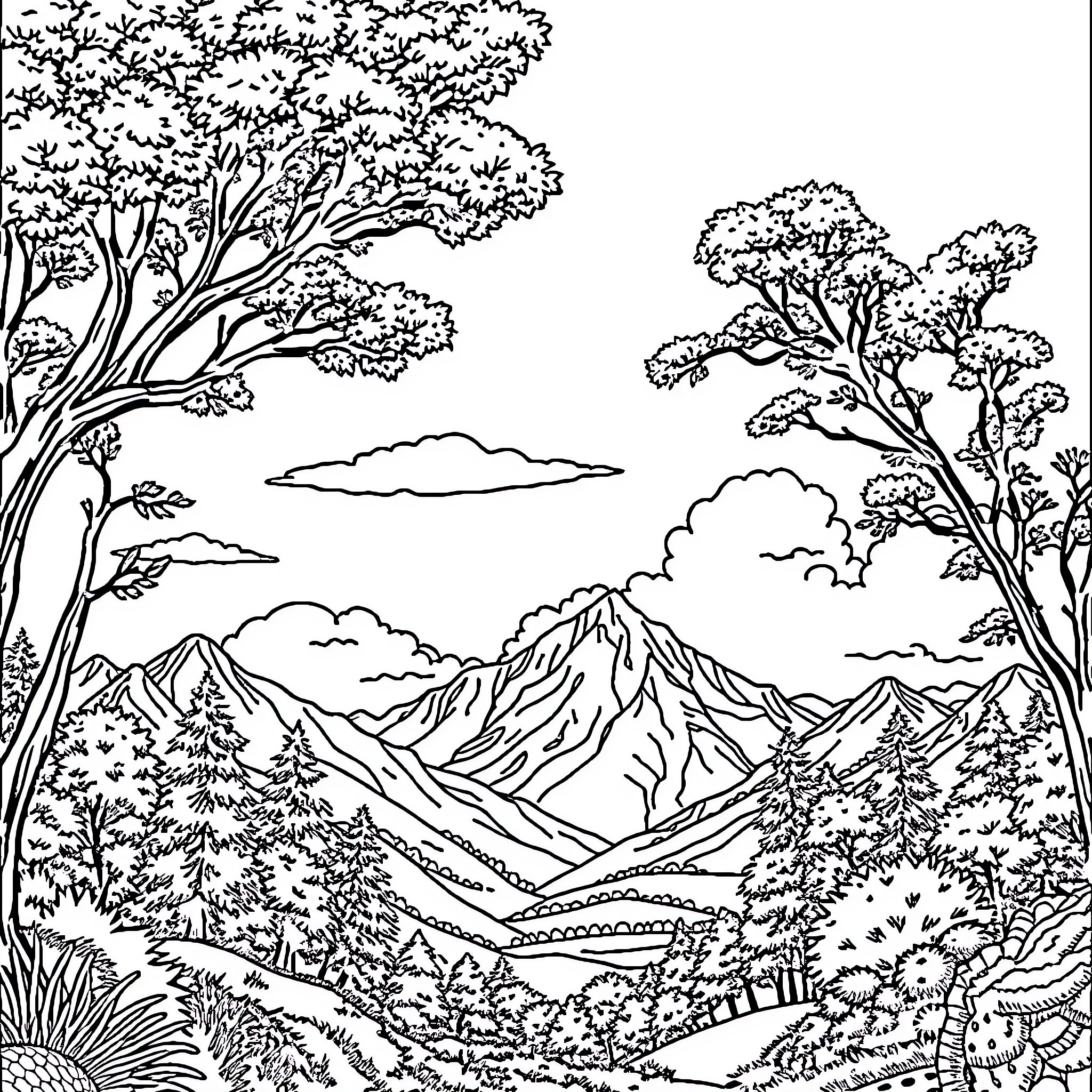 Landscape of Serene Mountain Scenery Coloring Page (free black-and-white line drawing printable PDF for all, from beginners to advanced learners, including children, teens, adults, and seniors)