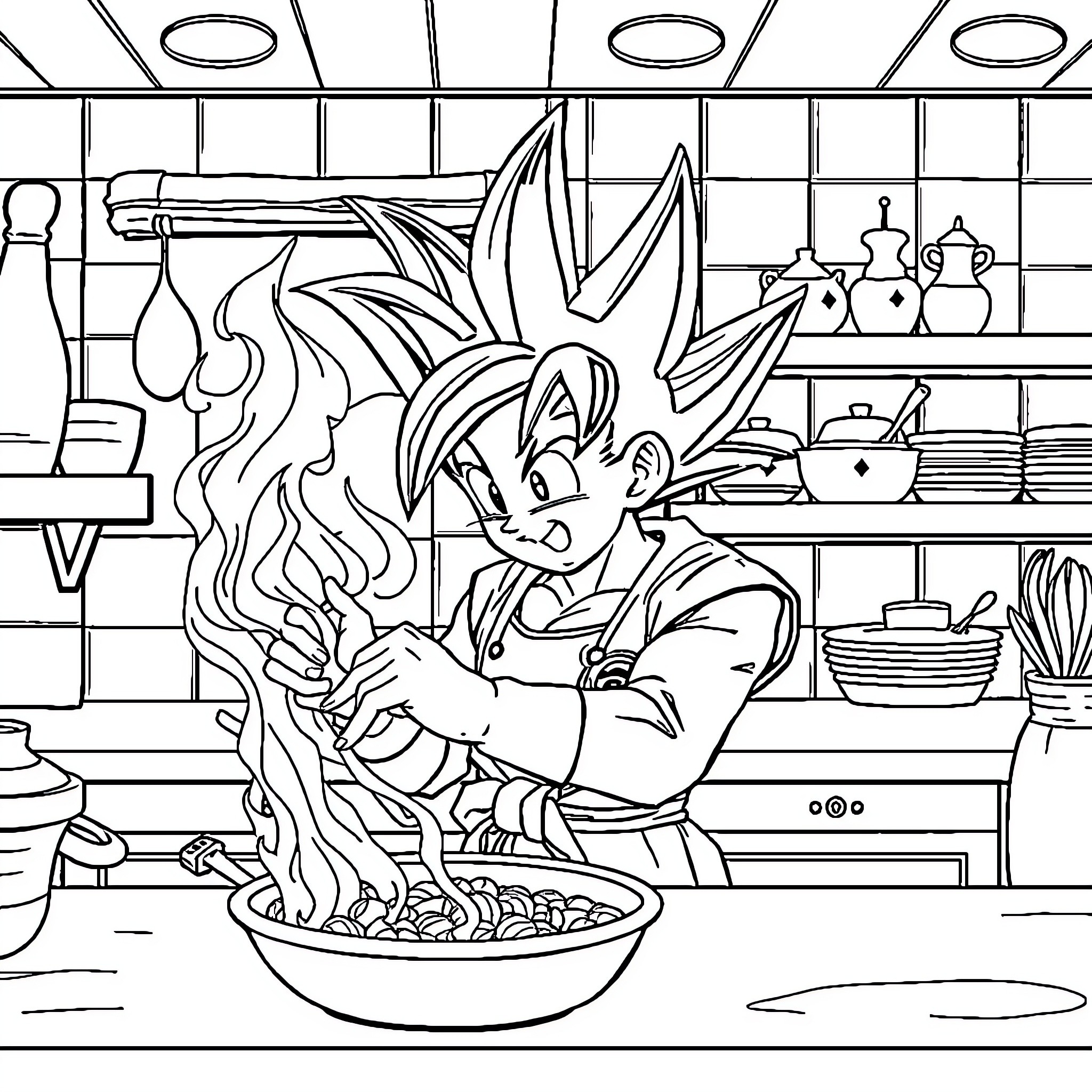 Número 18: Animated character cooking in a kitchen Coloring Page (free black-and-white line drawing printable PDF for all, from beginners to advanced learners, including children, teens, adults, and seniors)