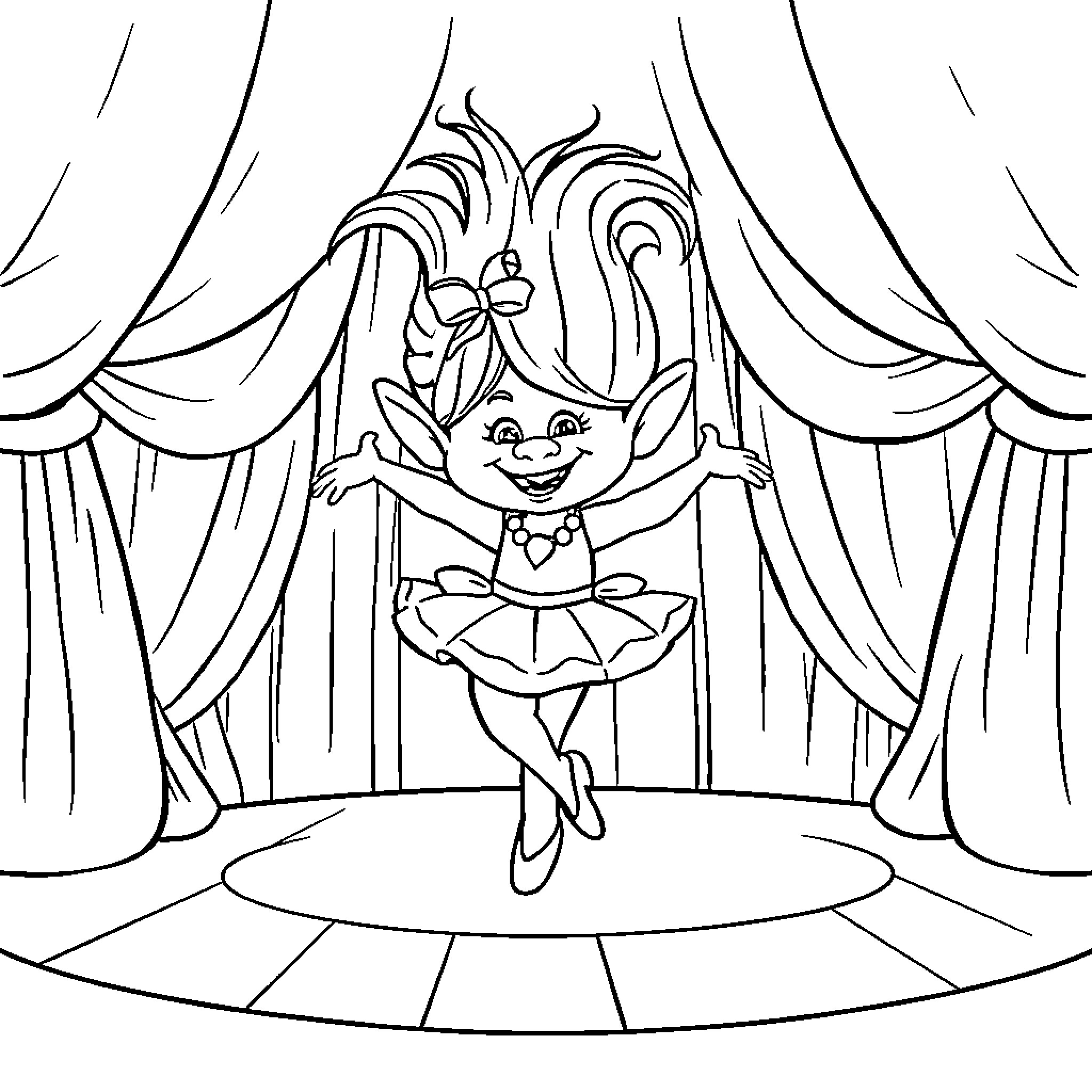 Poppy performing on stage with curtains Coloring Page (free black-and-white line drawing printable PDF for all, from beginners to advanced learners, including children, teens, adults, and seniors)