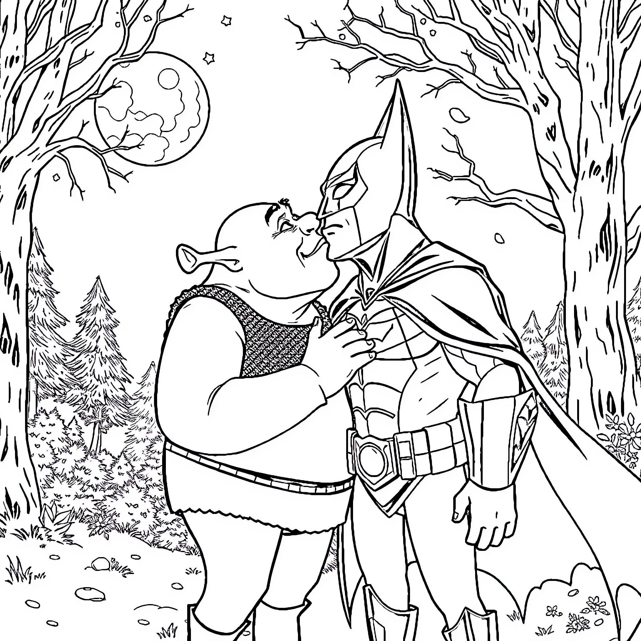 Shrek and Batman in a Moonlit Forest Coloring Page (free black-and-white line drawing printable PDF for all, from beginners to advanced learners, including children, teens, adults, and seniors)