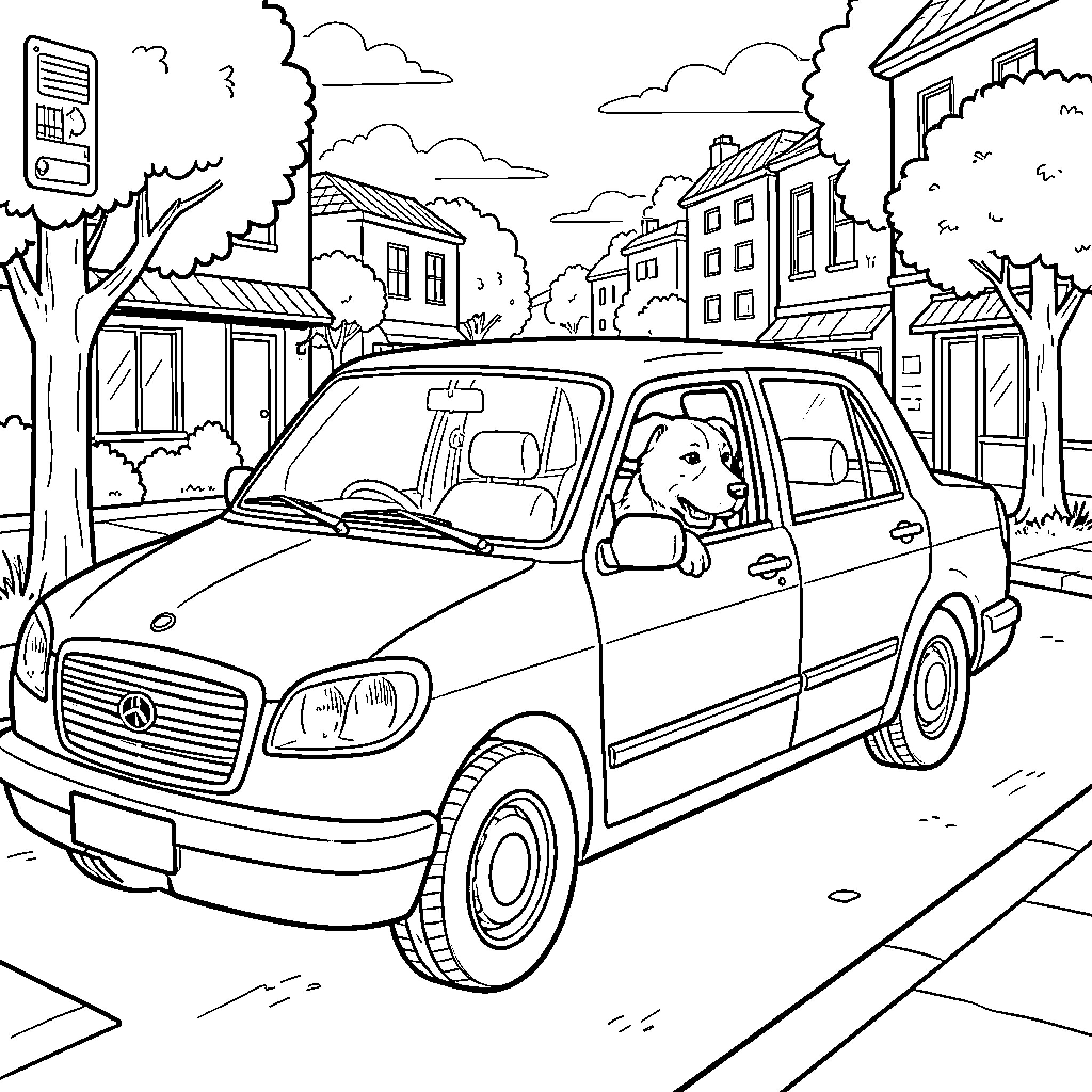 Perro riding happily in the car on the street Coloring Page (free black-and-white line drawing printable PDF for all, from beginners to advanced learners, including children, teens, adults, and seniors)