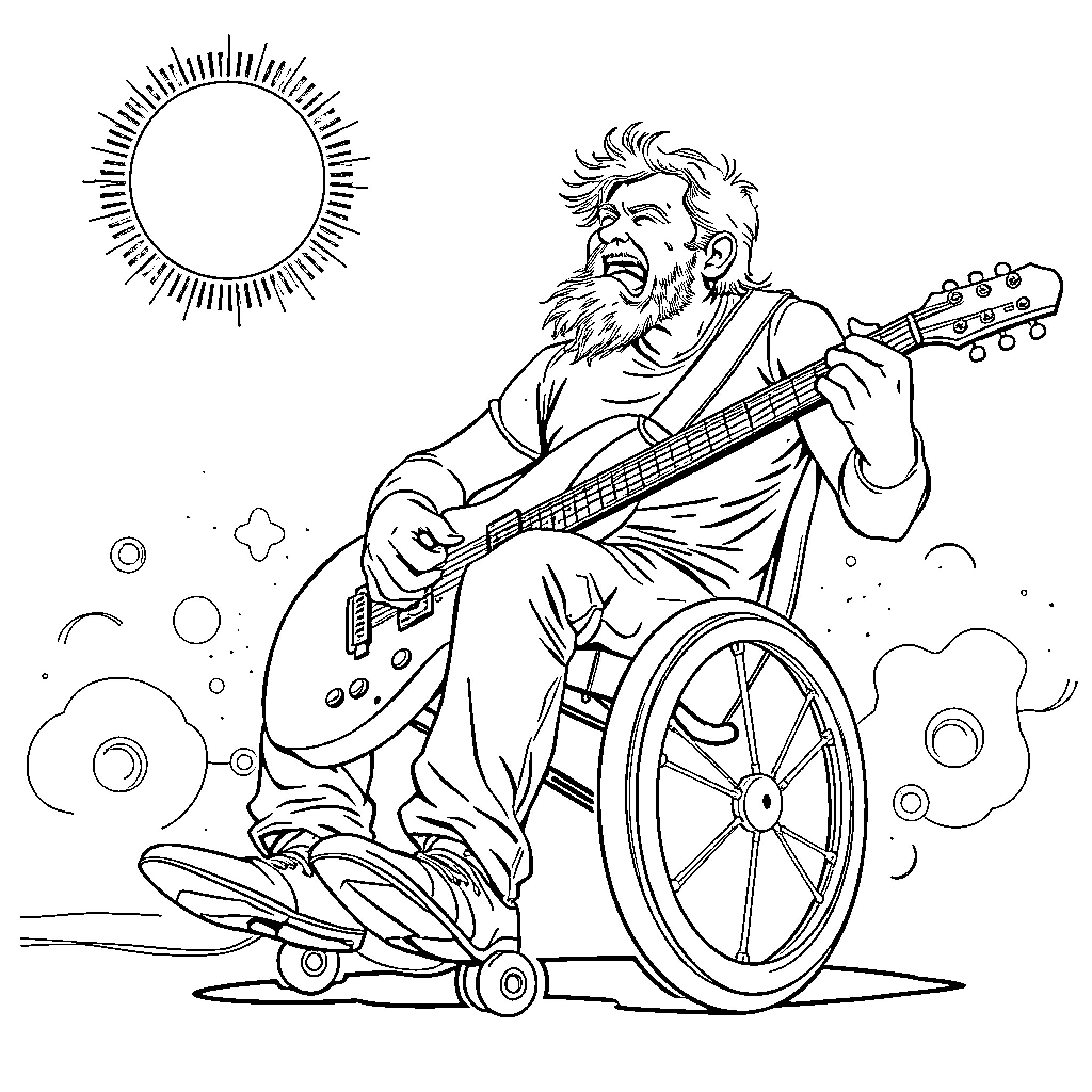 Rocker performs on a wheelchair with guitar Coloring Page (free black-and-white line drawing printable PDF for all, from beginners to advanced learners, including children, teens, adults, and seniors)