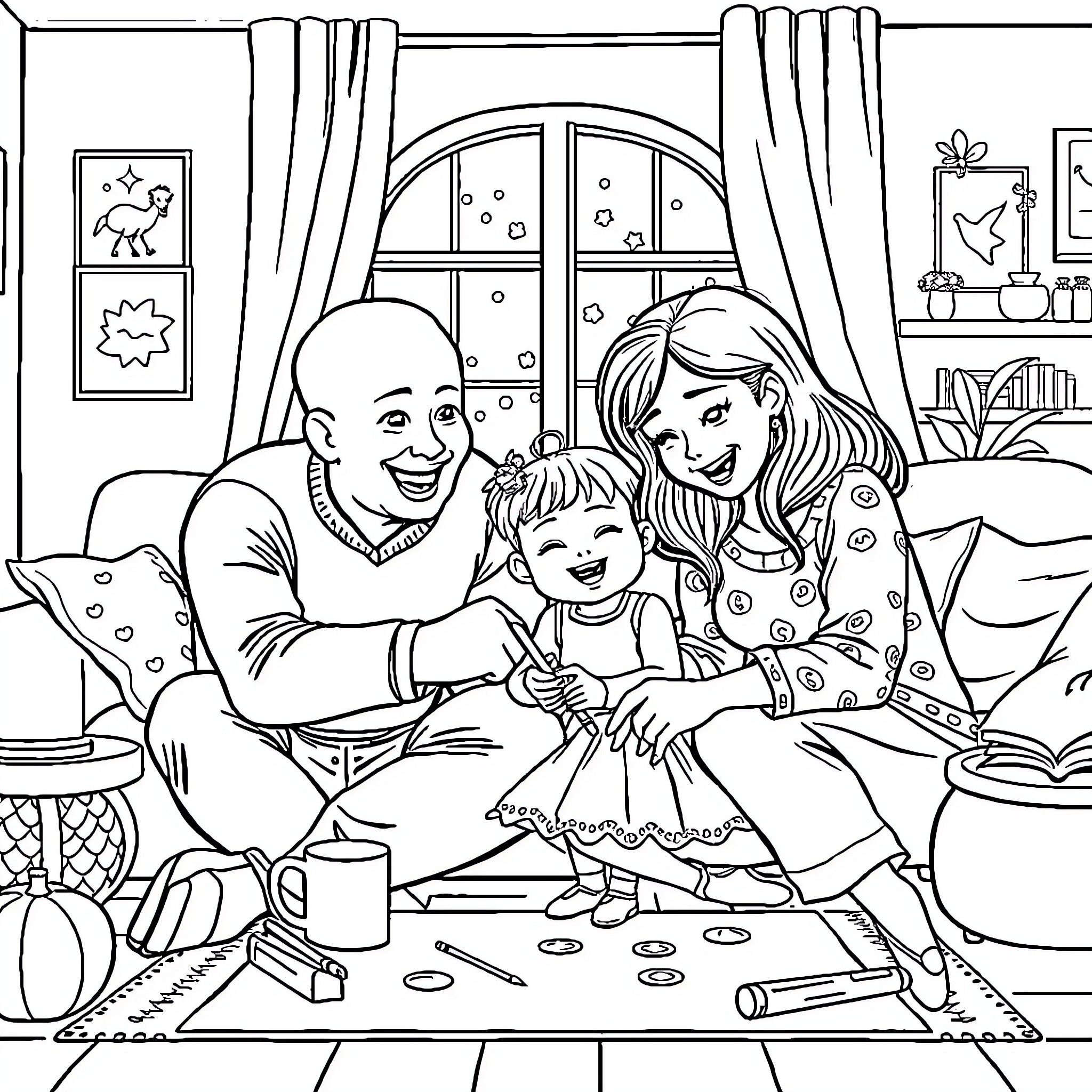 Bluey's family enjoying a cozy indoor day Coloring Page (free black-and-white line drawing printable PDF for all, from beginners to advanced learners, including children, teens, adults, and seniors)