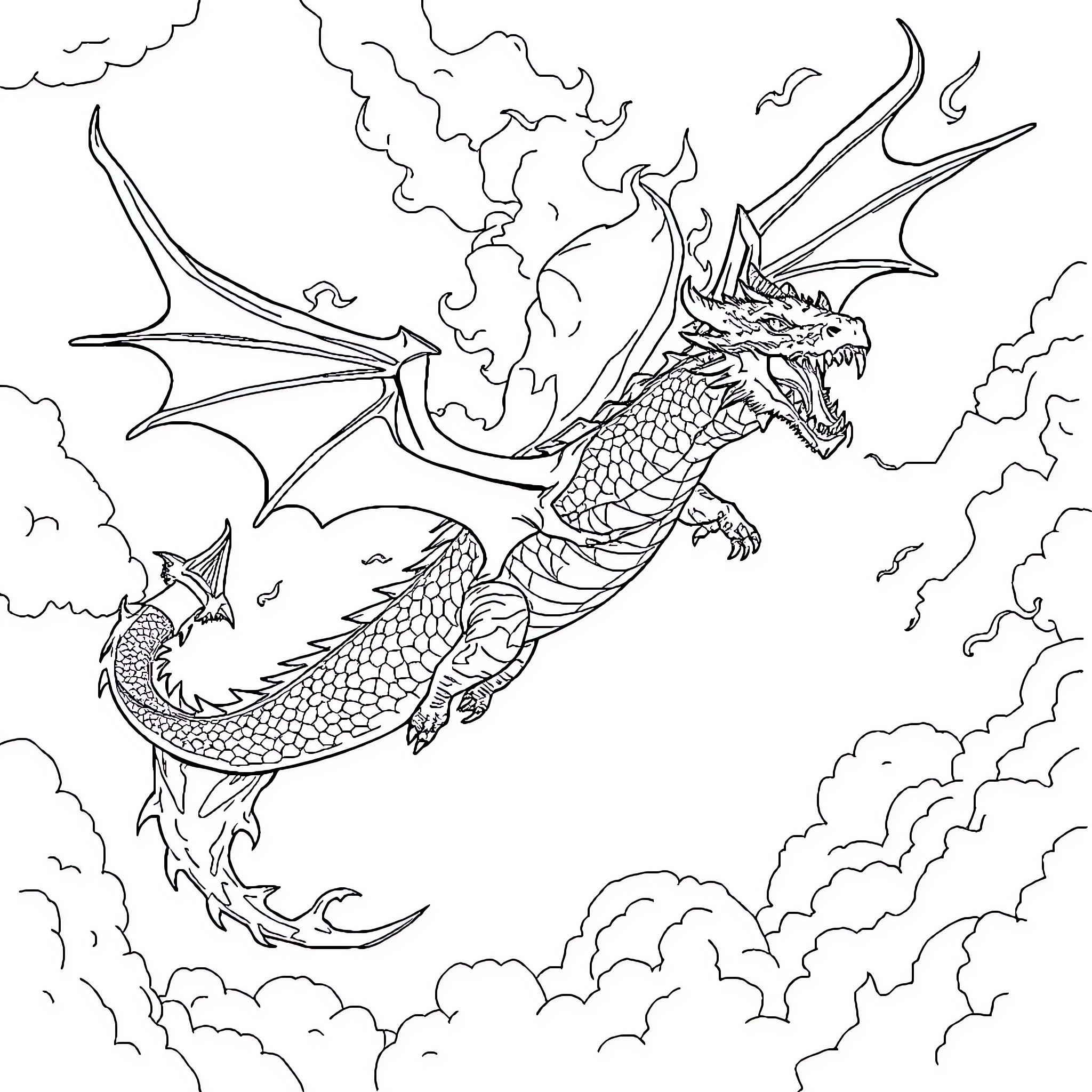 Fire Dragon breathing flames in the sky Coloring Page (free black-and-white line drawing printable PDF for all, from beginners to advanced learners, including children, teens, adults, and seniors)