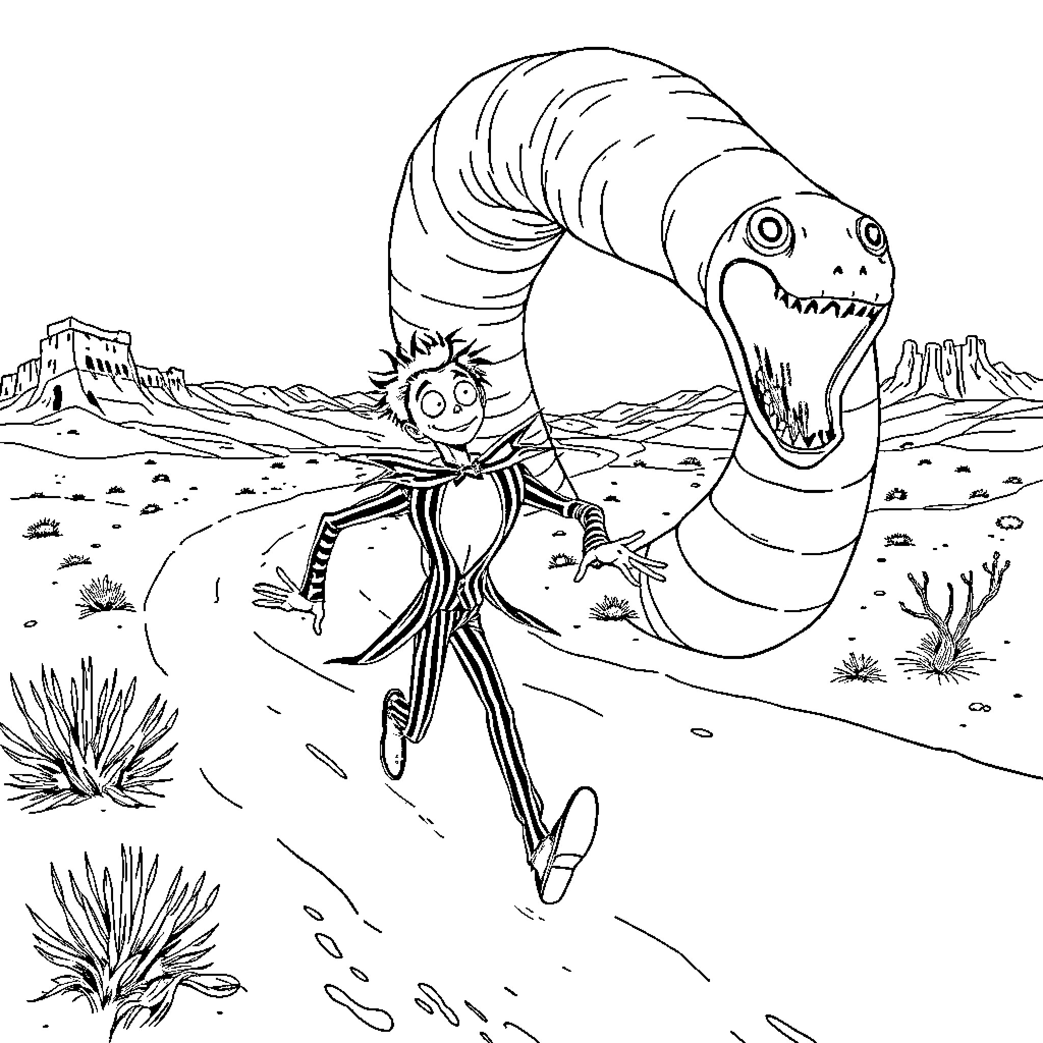 Tim Burton's Nightmare in the Desert Landscape Coloring Page (free black-and-white line drawing printable PDF for all, from beginners to advanced learners, including children, teens, adults, and seniors)