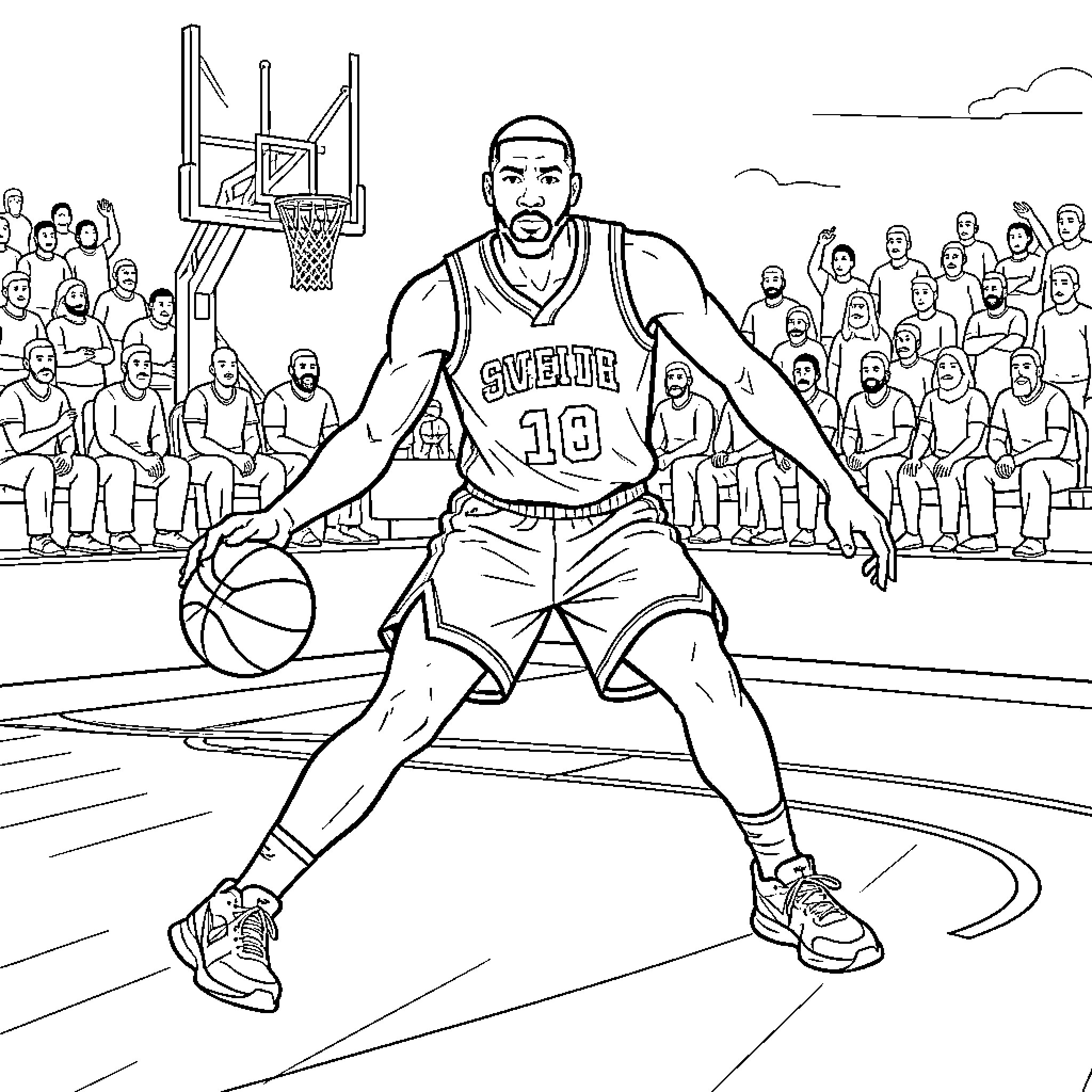 Kevin Durant dribbling a basketball on the court Coloring Page (free black-and-white line drawing printable PDF for all, from beginners to advanced learners, including children, teens, adults, and seniors)