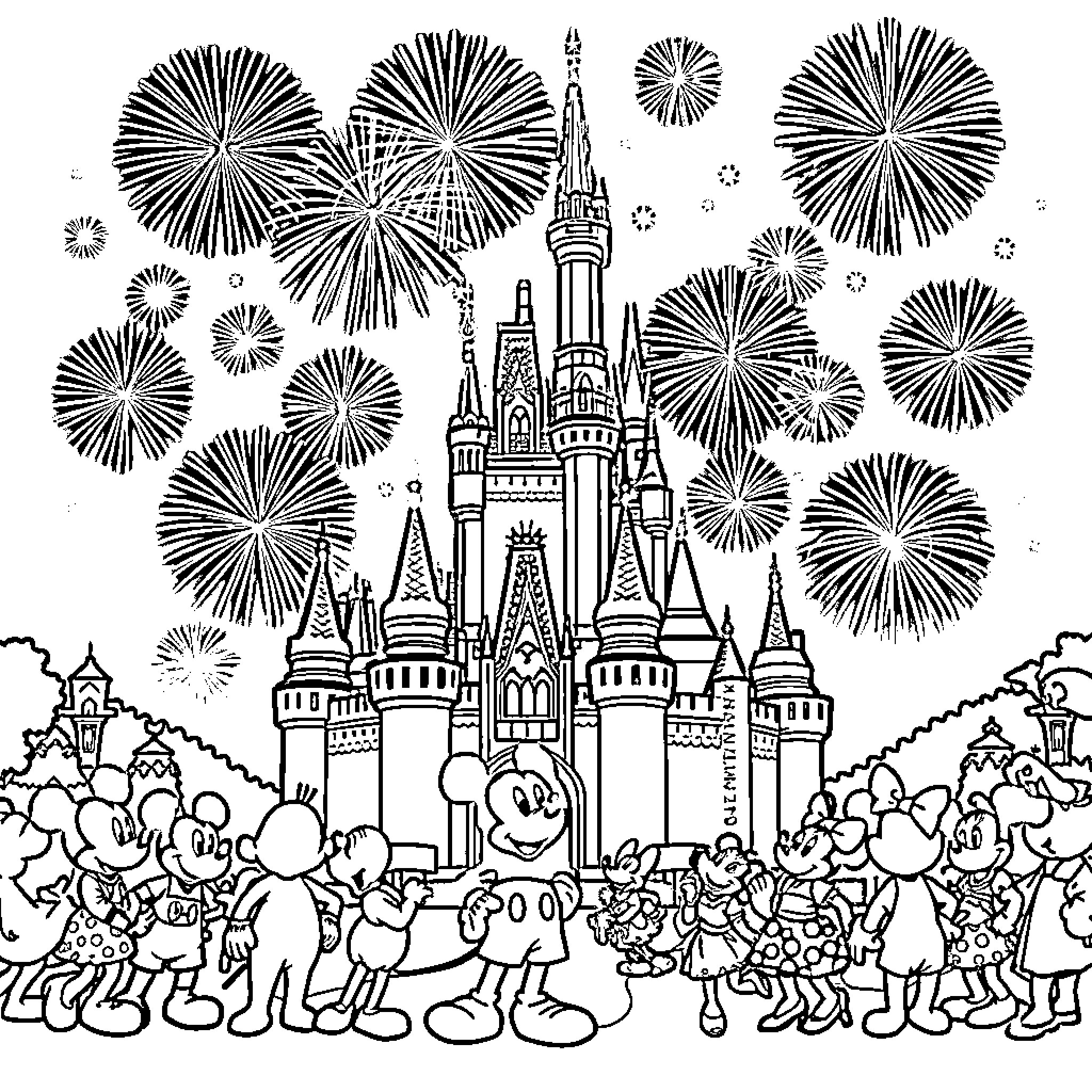 Castle fireworks display celebrating with crowd Coloring Page (free black-and-white line drawing printable PDF for all, from beginners to advanced learners, including children, teens, adults, and seniors)