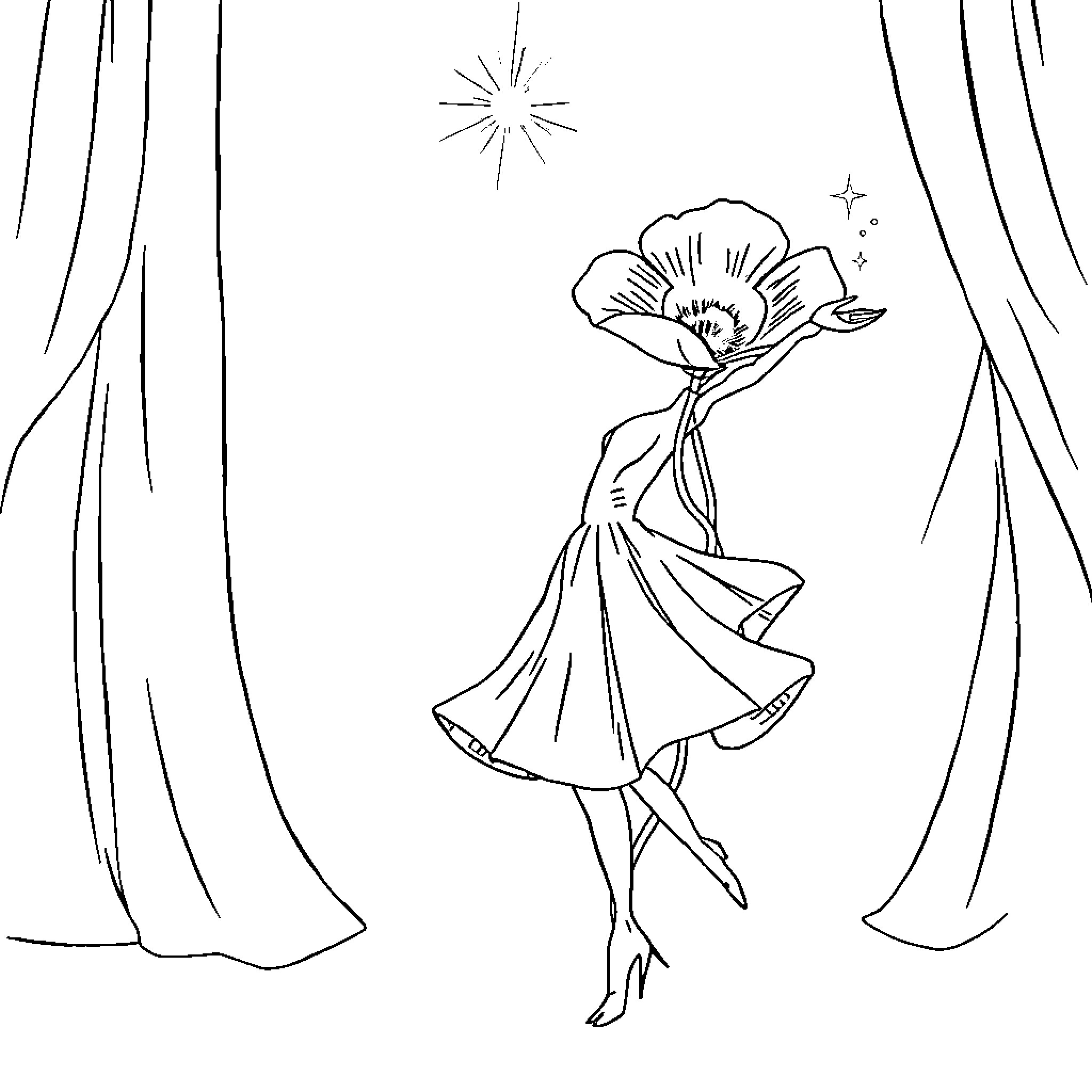 Poppy dancing gracefully on stage Coloring Page (free black-and-white line drawing printable PDF for all, from beginners to advanced learners, including children, teens, adults, and seniors)