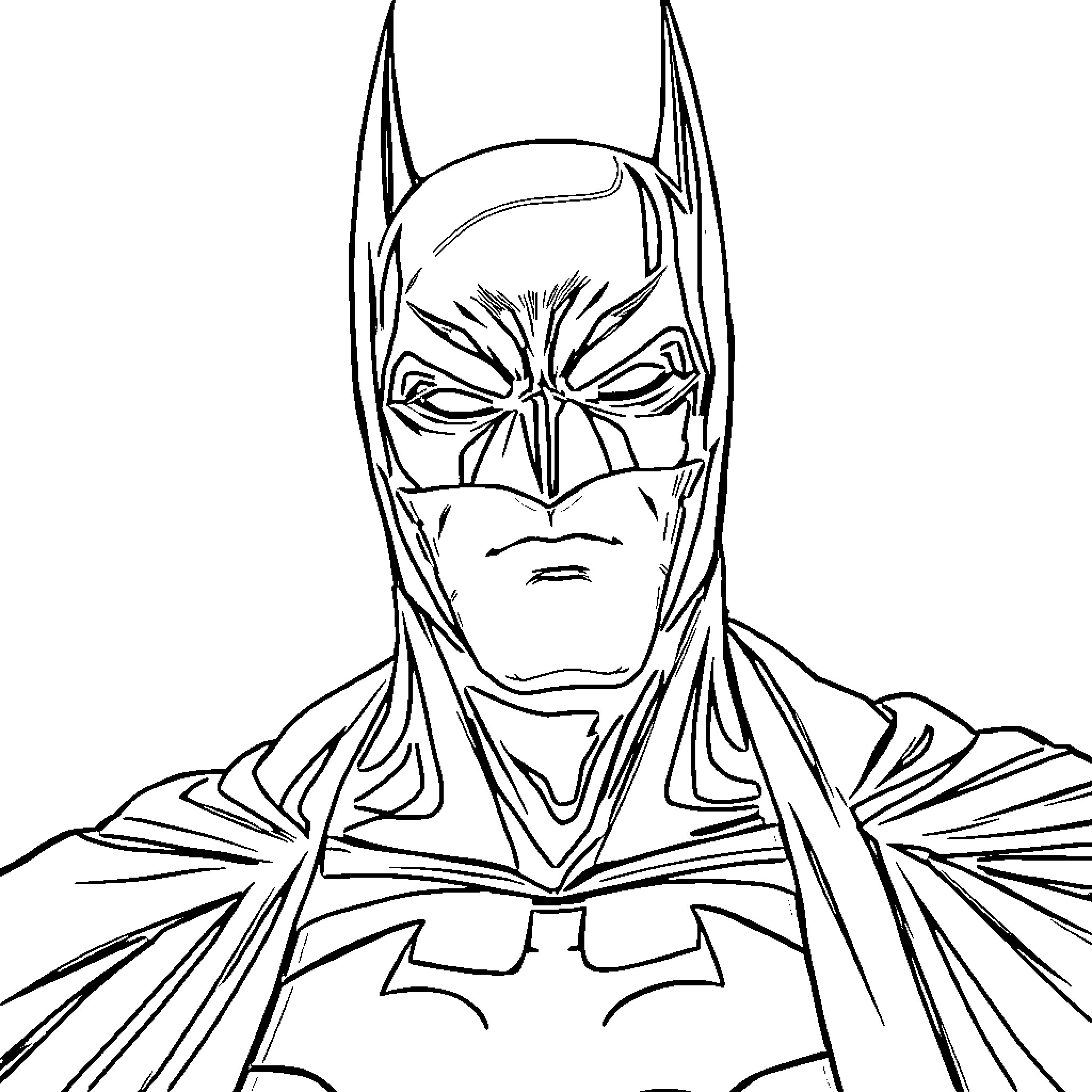 Batman's Intense Gaze in Black and White Illustration Coloring Page (free black-and-white line drawing printable PDF for all, from beginners to advanced learners, including children, teens, adults, and seniors)