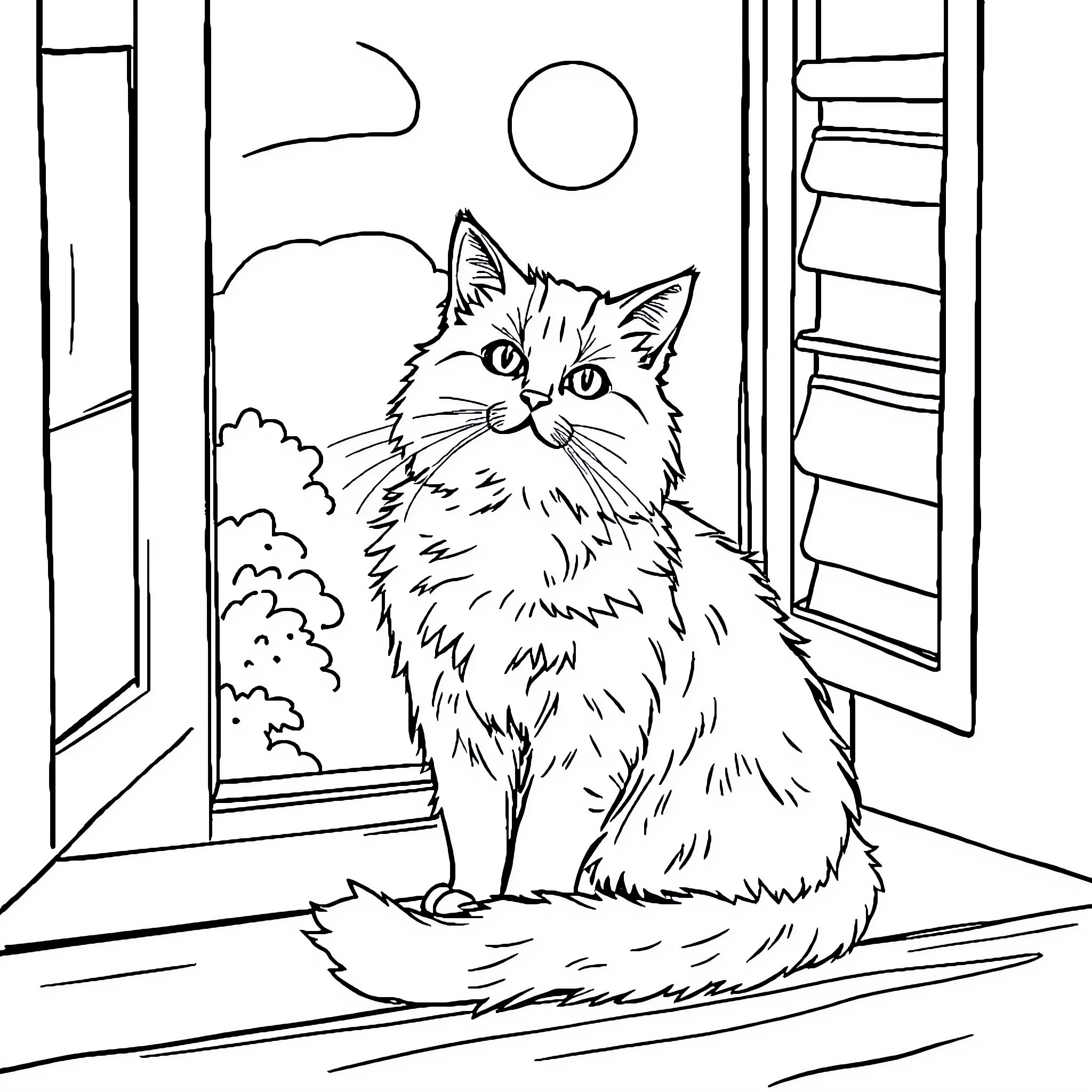 Cat looking out the window Coloring Page (free black-and-white line drawing printable PDF for all, from beginners to advanced learners, including children, teens, adults, and seniors)