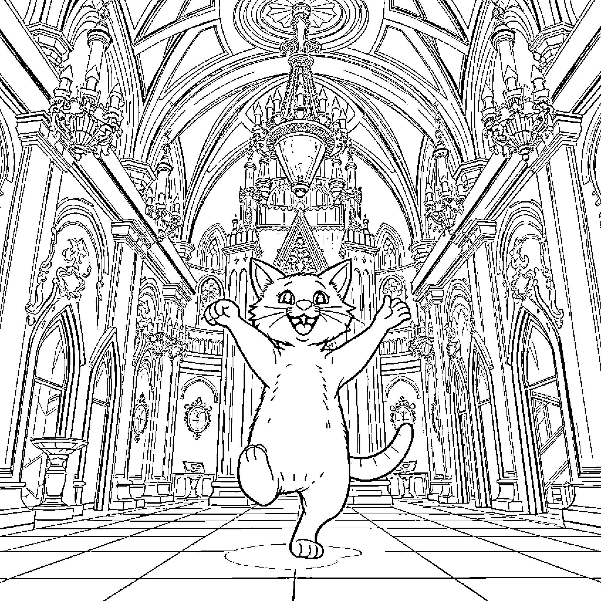 Cat exploring a magical cathedral interior Coloring Page (free black-and-white line drawing printable PDF for all, from beginners to advanced learners, including children, teens, adults, and seniors)