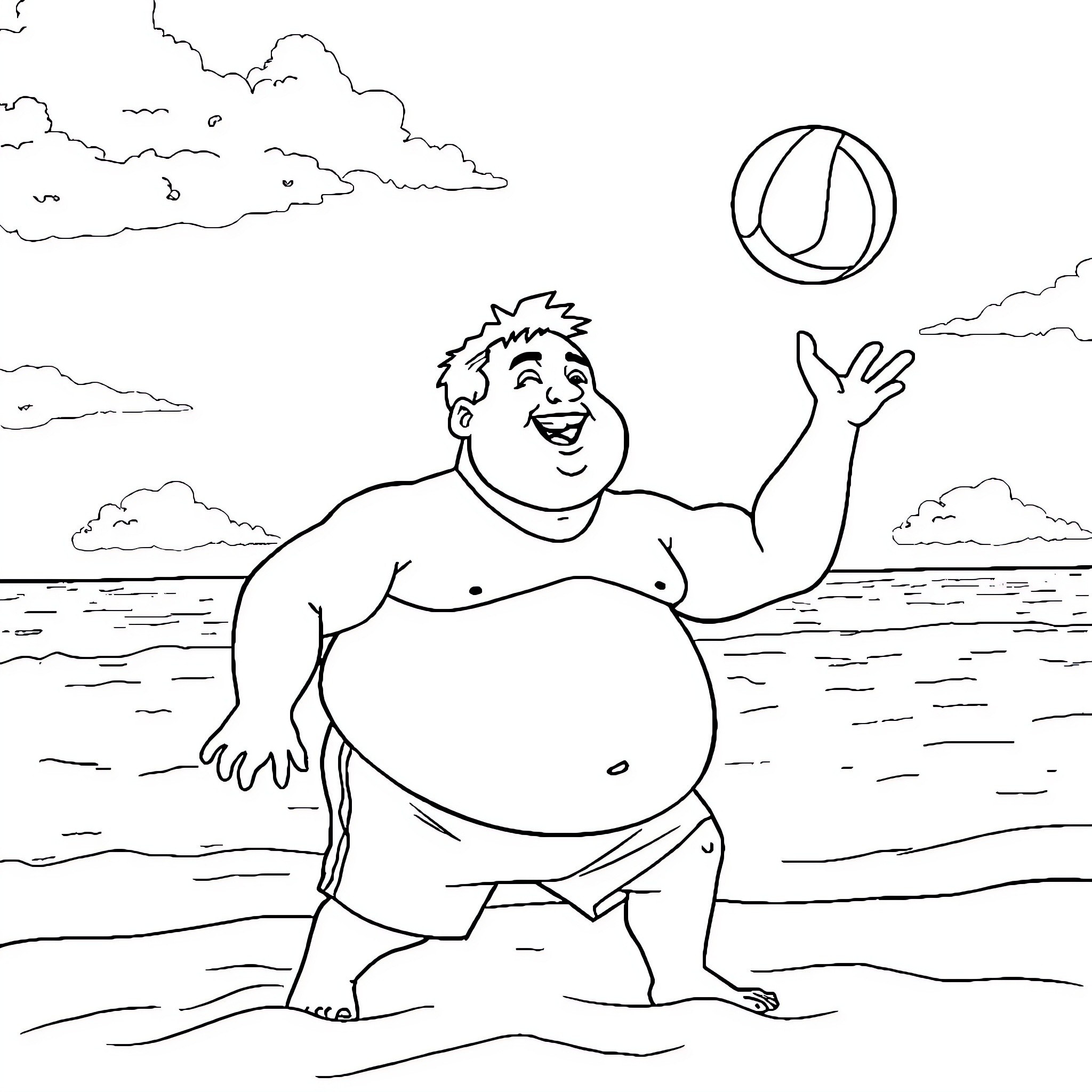 Fatman playing joyfully with beach ball on the shore Coloring Page (free black-and-white line drawing printable PDF for all, from beginners to advanced learners, including children, teens, adults, and seniors)