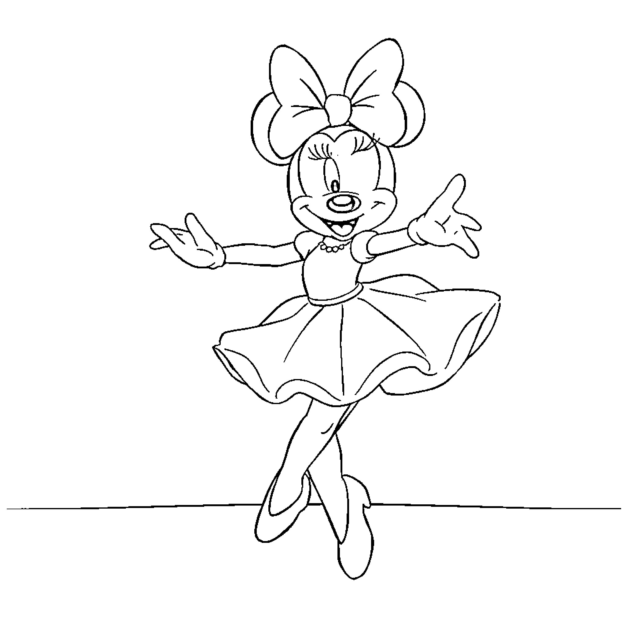 Minnie dancing happily in her dress Coloring Page (free black-and-white line drawing printable PDF for all, from beginners to advanced learners, including children, teens, adults, and seniors)