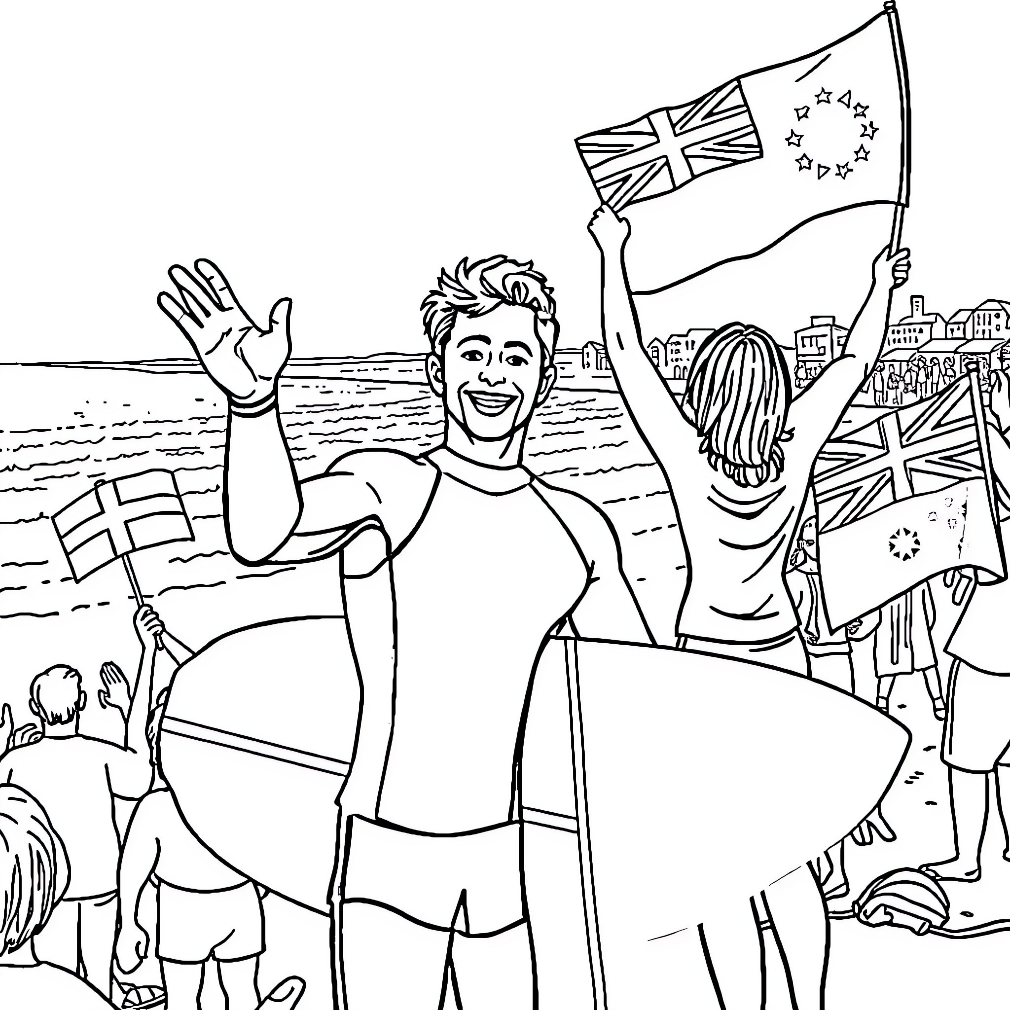 Surfer celebrating with Union Jack flag at the beach Coloring Page (free black-and-white line drawing printable PDF for all, from beginners to advanced learners, including children, teens, adults, and seniors)