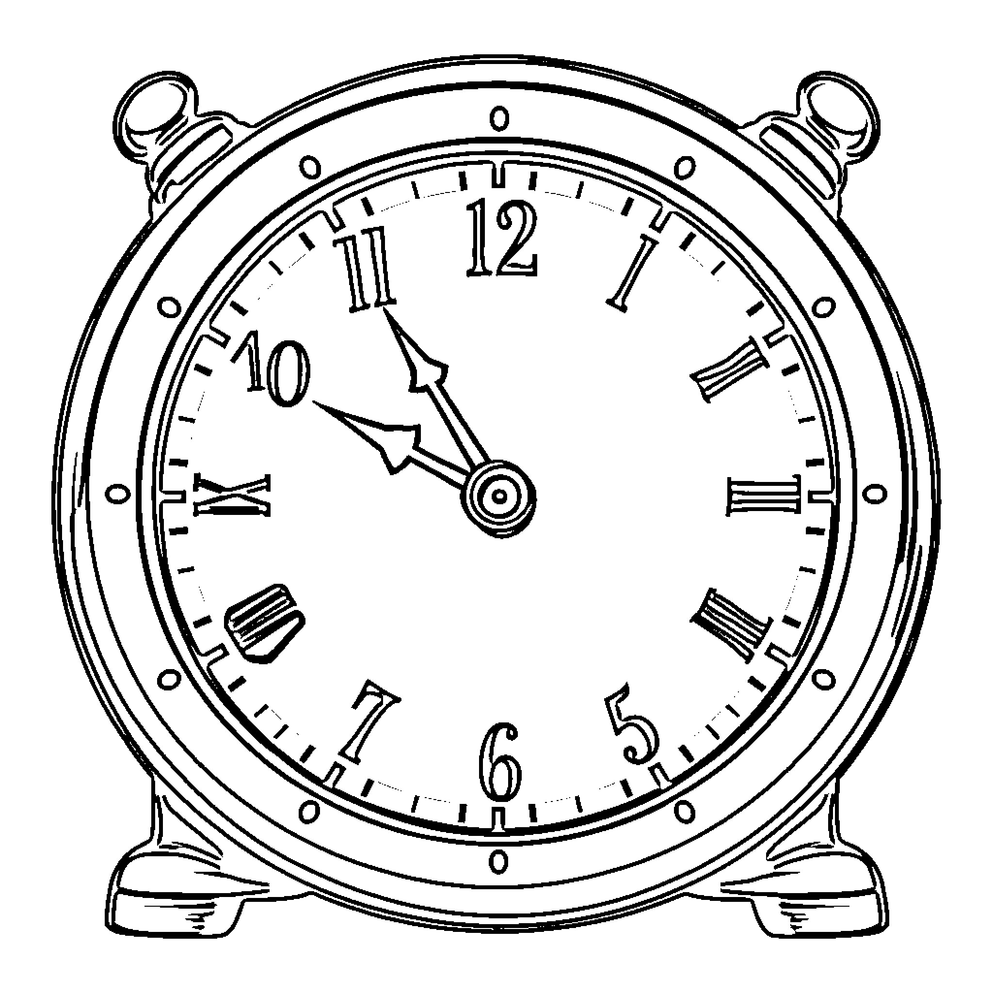 Clock displaying time on old-fashioned analog clock Coloring Page (free black-and-white line drawing printable PDF for all, from beginners to advanced learners, including children, teens, adults, and seniors)
