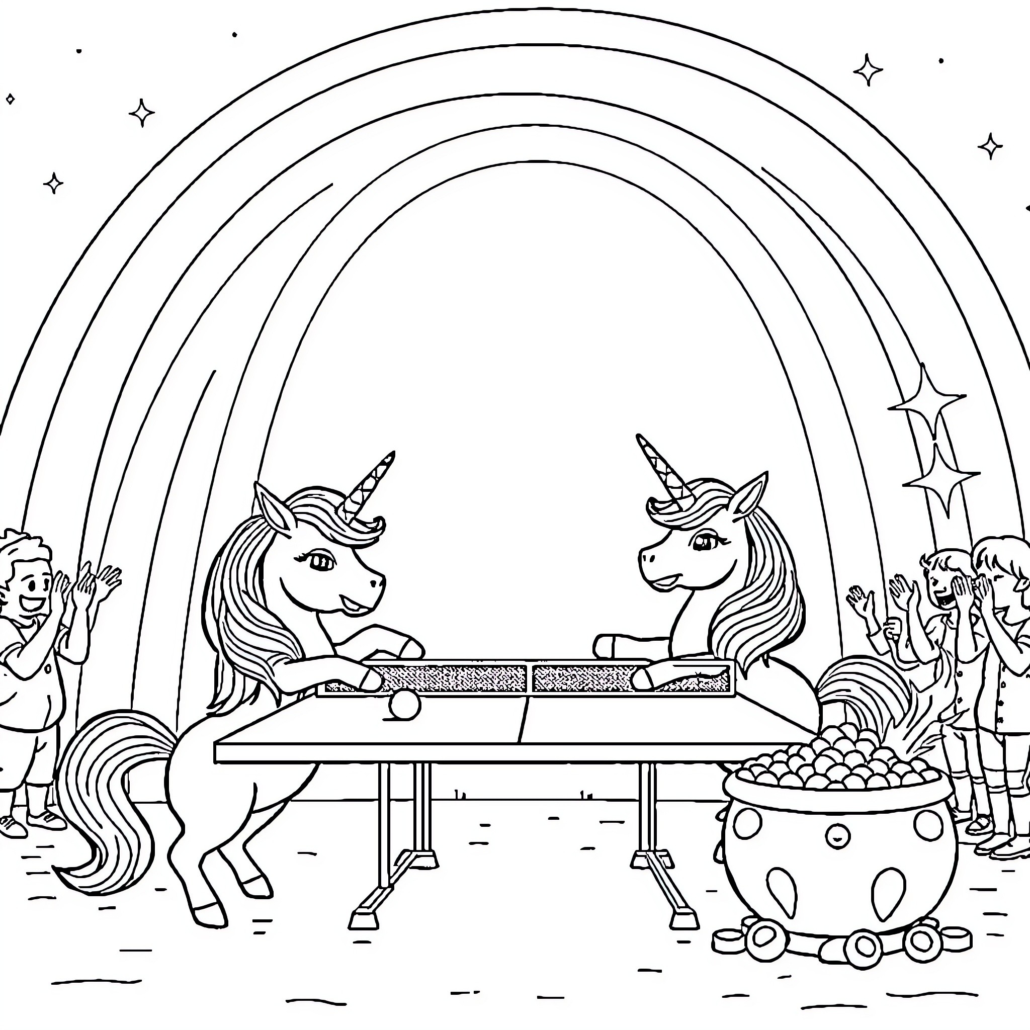 Unicorn friends playing ping pong under a rainbow Coloring Page (free black-and-white line drawing printable PDF for all, from beginners to advanced learners, including children, teens, adults, and seniors)