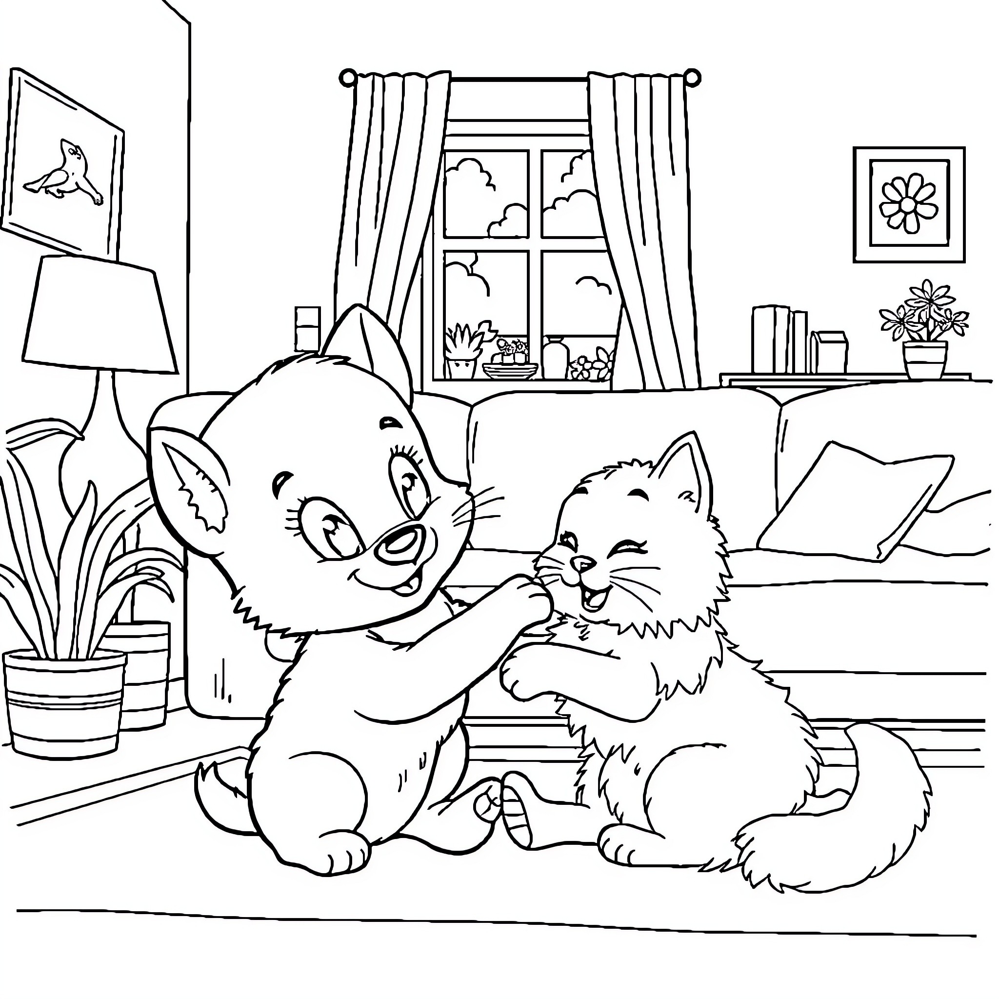 Bluey's Playful Pets in the Cozy Home Coloring Page (free black-and-white line drawing printable PDF for all, from beginners to advanced learners, including children, teens, adults, and seniors)