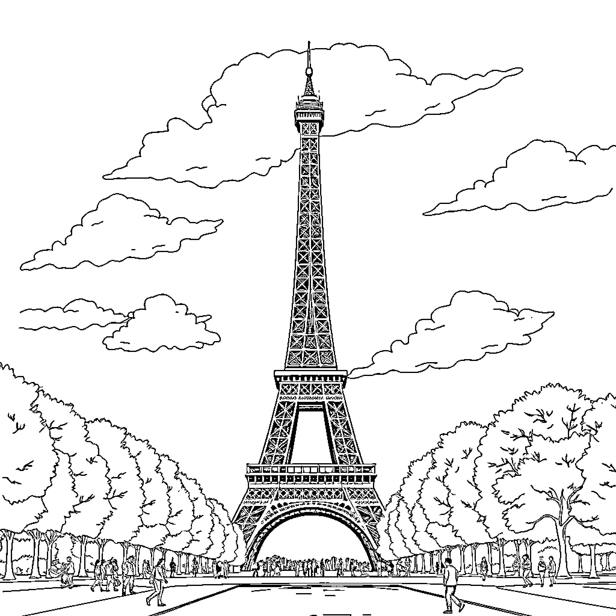 Eiffel Tower amid cloudy skies and landscaped gardens Coloring Page (free black-and-white line drawing printable PDF for all, from beginners to advanced learners, including children, teens, adults, and seniors)