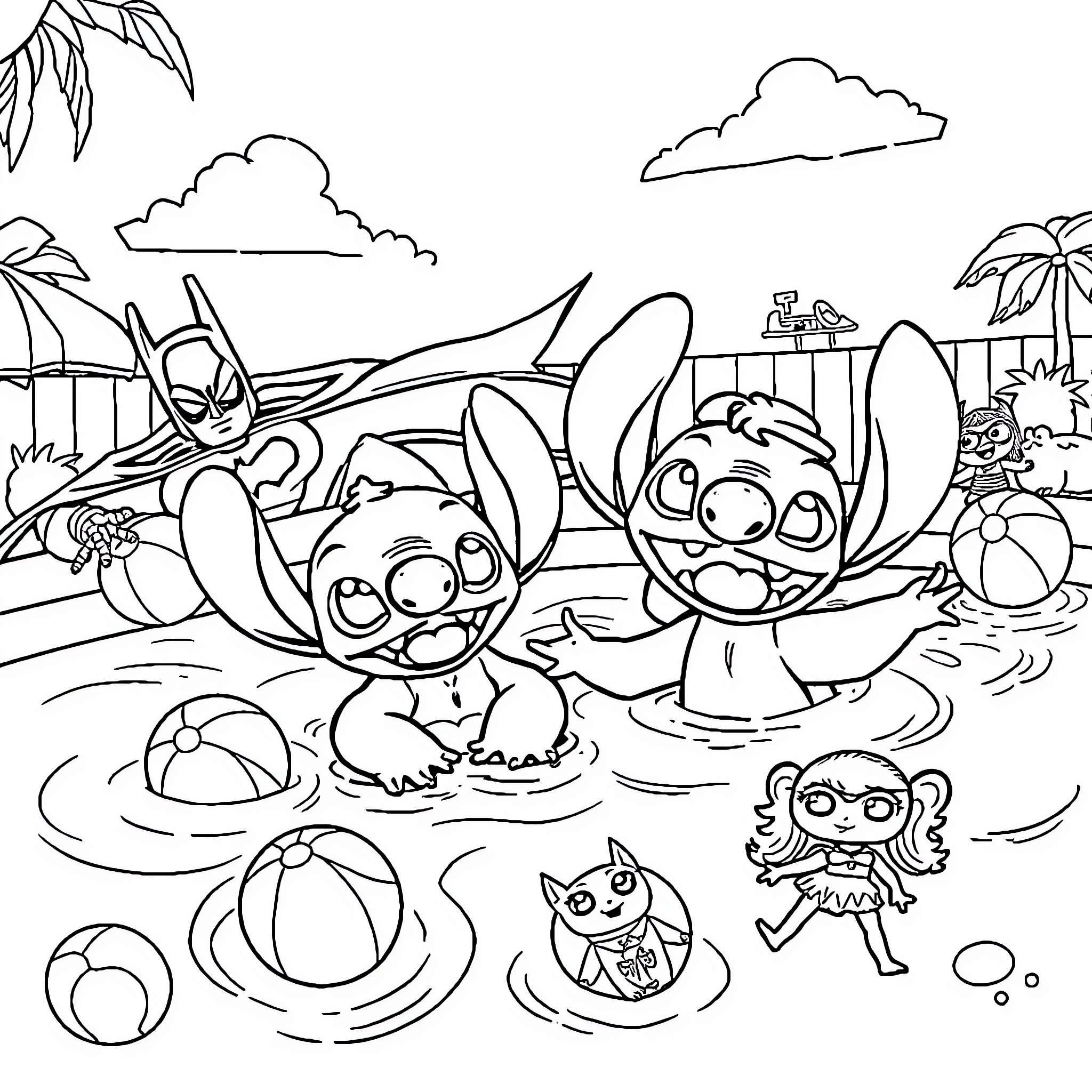 Stitch and friends playing in the beach paradise Coloring Page (free black-and-white line drawing printable PDF for all, from beginners to advanced learners, including children, teens, adults, and seniors)