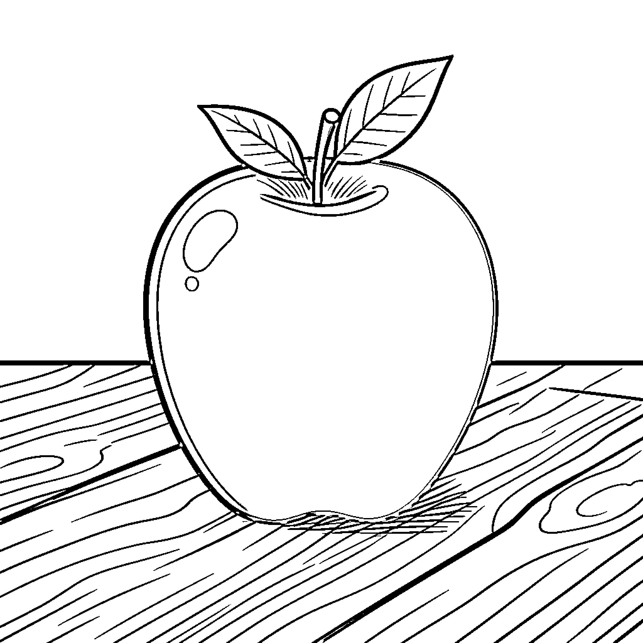 Apple on a Wooden Surface Coloring Page (free black-and-white line drawing printable PDF for all, from beginners to advanced learners, including children, teens, adults, and seniors)