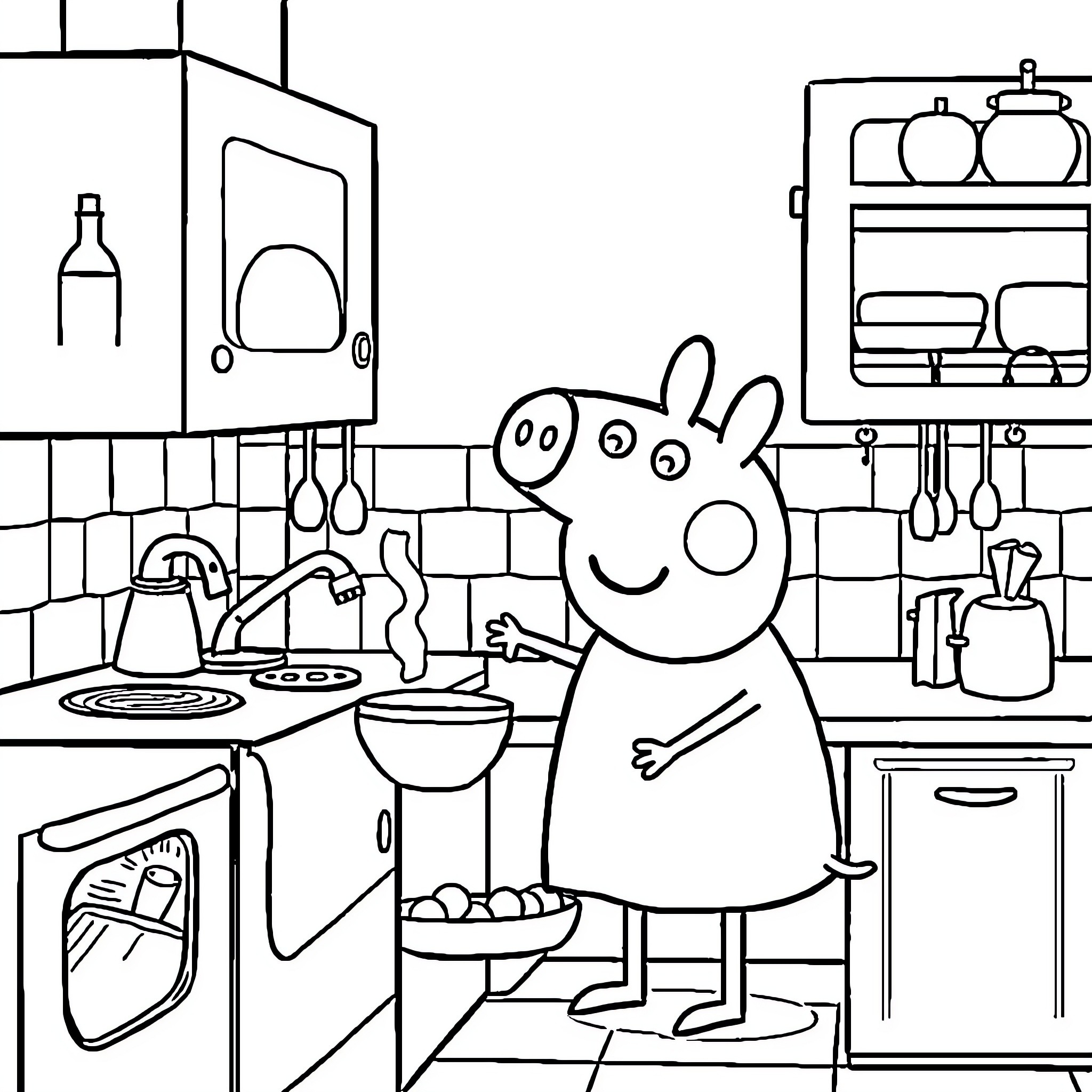 Pepa Pig having fun in the kitchen Coloring Page (free black-and-white line drawing printable PDF for all, from beginners to advanced learners, including children, teens, adults, and seniors)