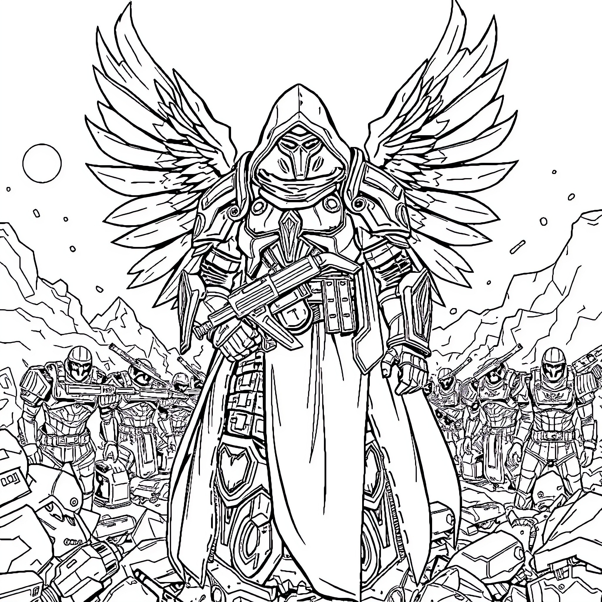 Angel leading a warrior army into battle Coloring Page (free black-and-white line drawing printable PDF for all, from beginners to advanced learners, including children, teens, adults, and seniors)