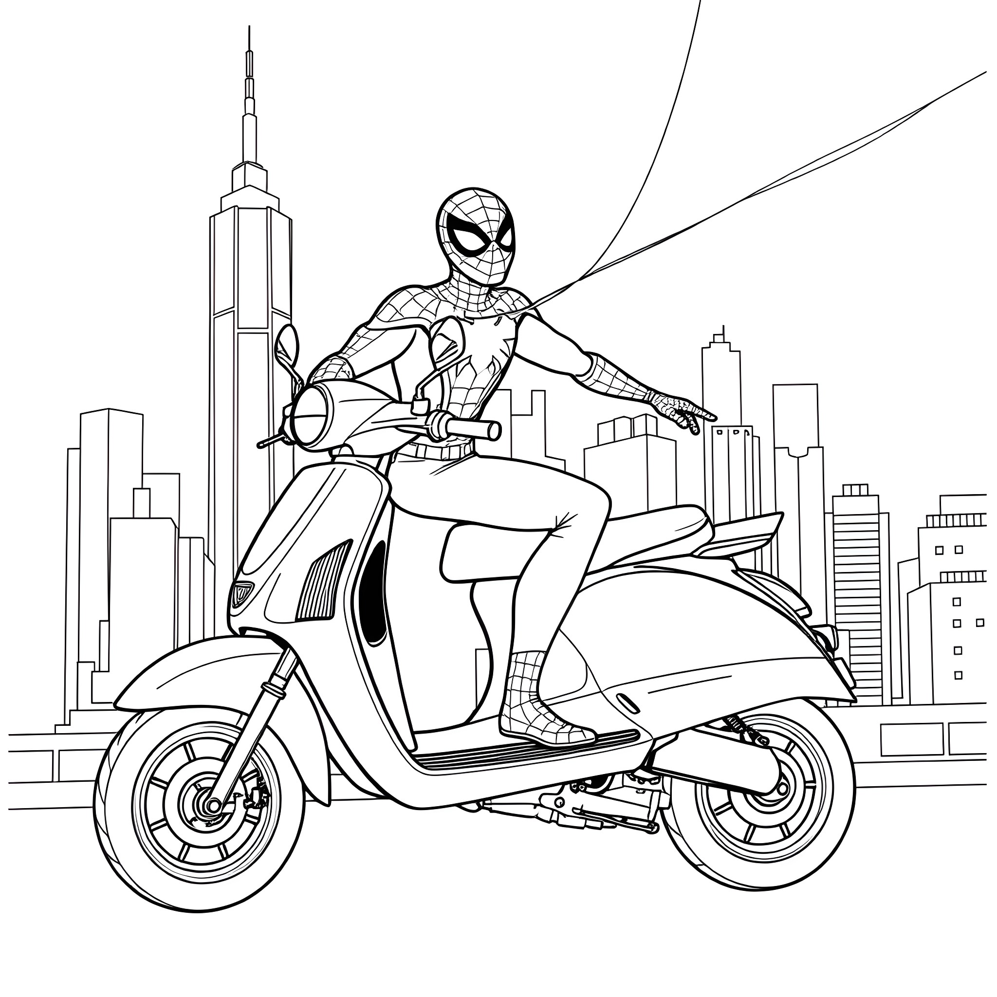 Spiderman riding a scooter through the city Coloring Page (free black-and-white line drawing printable PDF for all, from beginners to advanced learners, including children, teens, adults, and seniors)