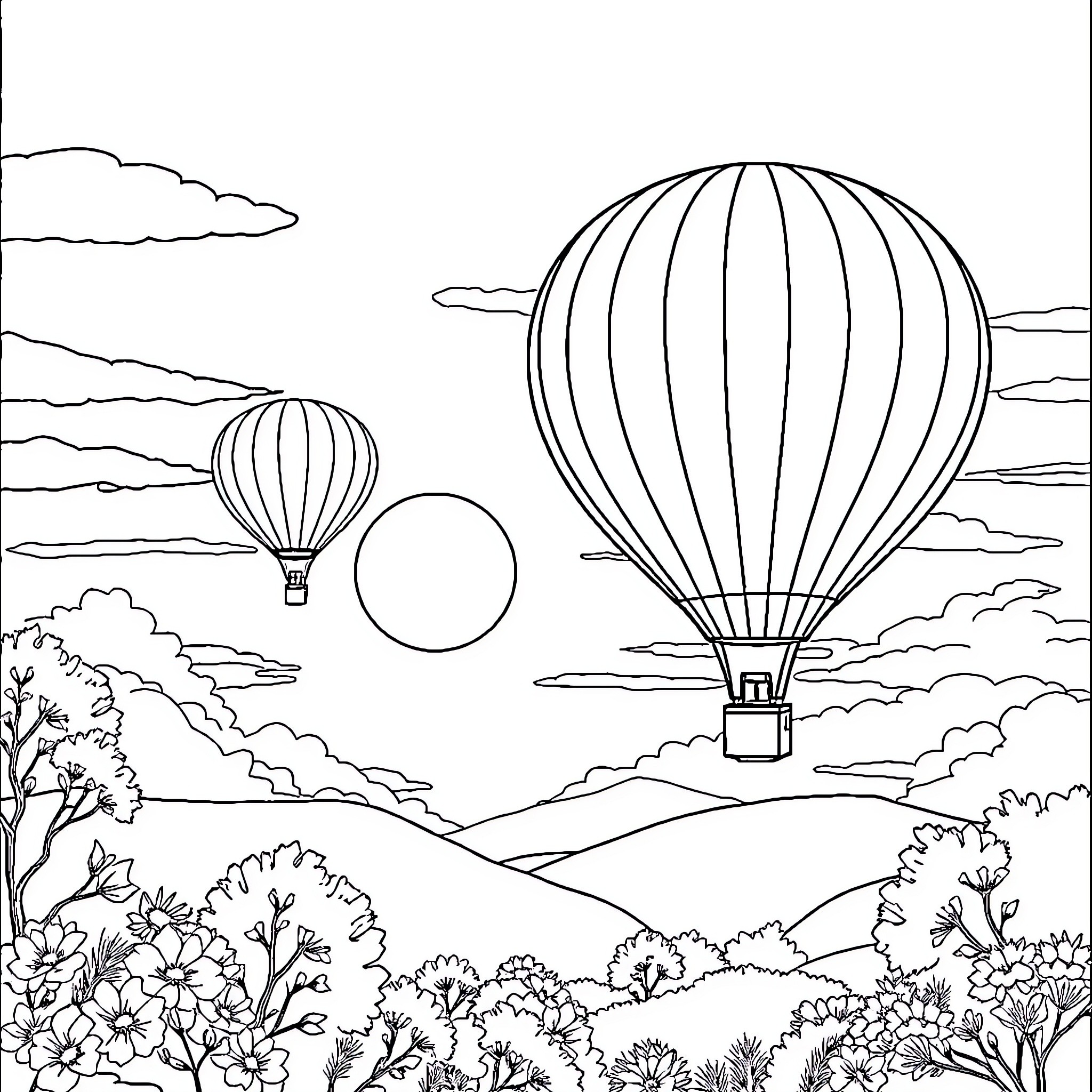 Hot Air Balloons Soaring Over Scenic Landscape Coloring Page (free black-and-white line drawing printable PDF for all, from beginners to advanced learners, including children, teens, adults, and seniors)