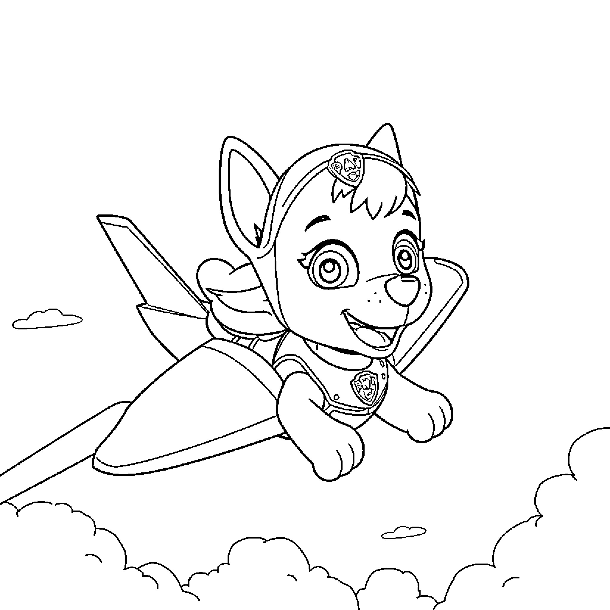 Skye soaring through the clouds Coloring Page (free black-and-white line drawing printable PDF for all, from beginners to advanced learners, including children, teens, adults, and seniors)