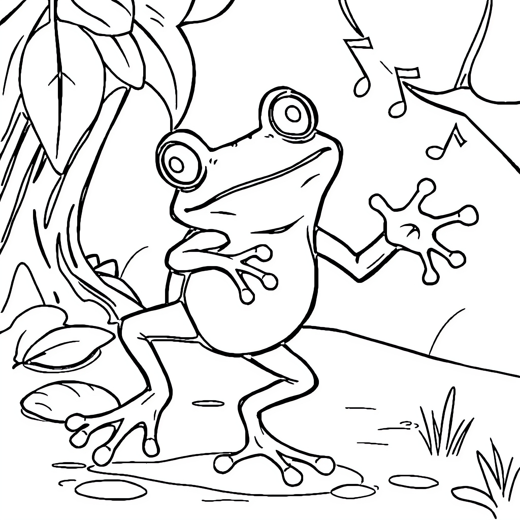 Frog singing joyfully in nature Coloring Page (free black-and-white line drawing printable PDF for all, from beginners to advanced learners, including children, teens, adults, and seniors)