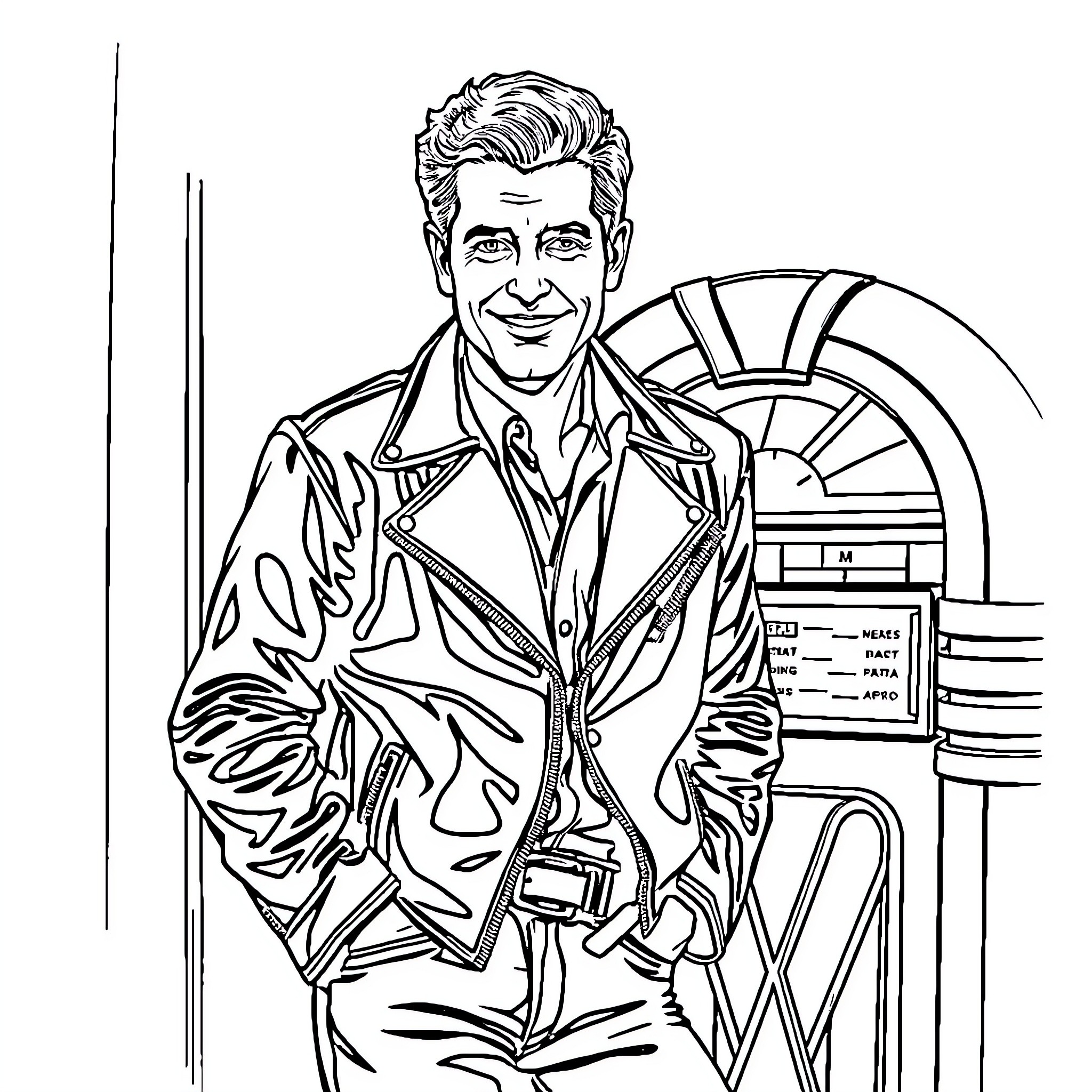 Fonz striking a confident pose in front of retro jukebox Coloring Page (free black-and-white line drawing printable PDF for all, from beginners to advanced learners, including children, teens, adults, and seniors)