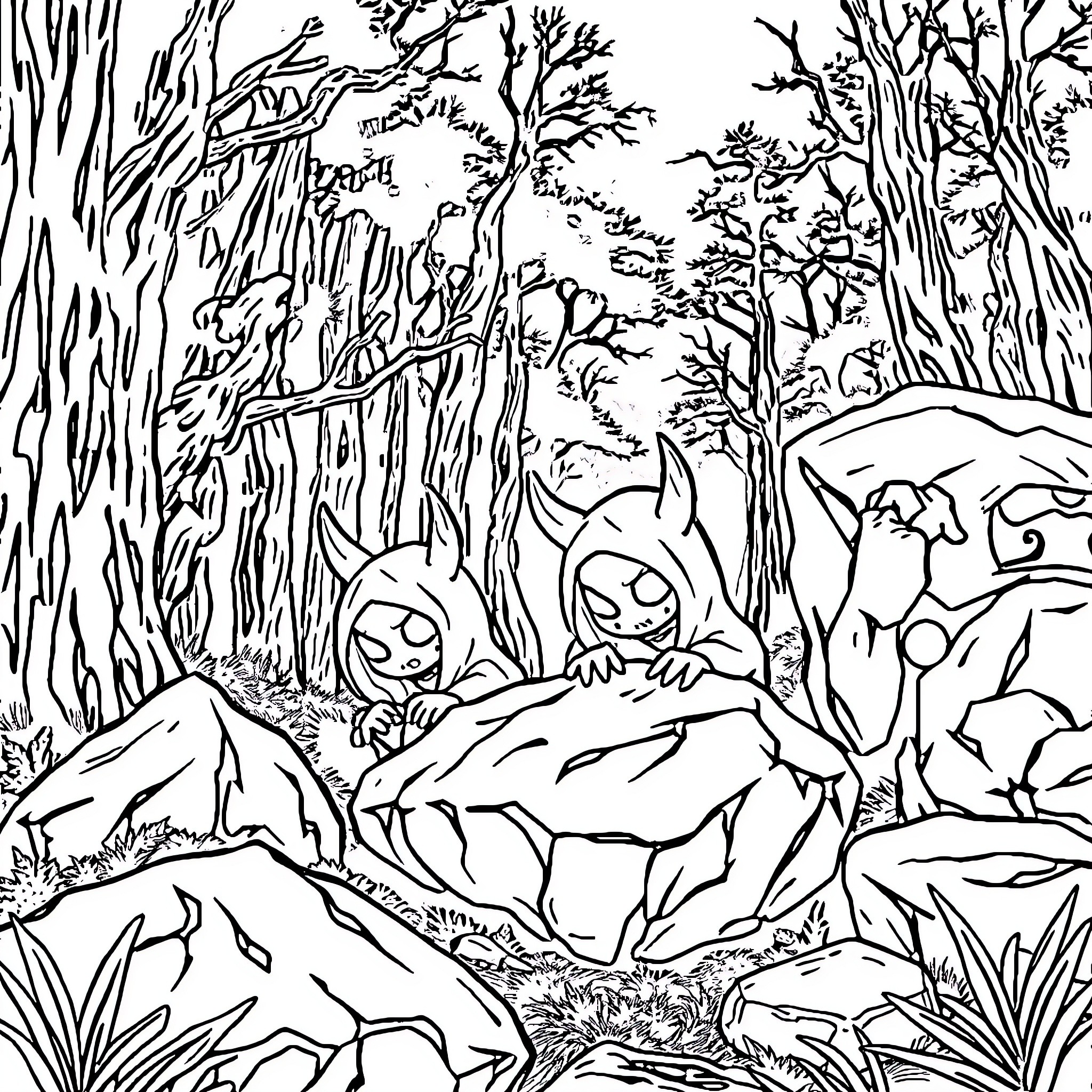 Golem figures in a mystical forest landscape Coloring Page (free black-and-white line drawing printable PDF for all, from beginners to advanced learners, including children, teens, adults, and seniors)
