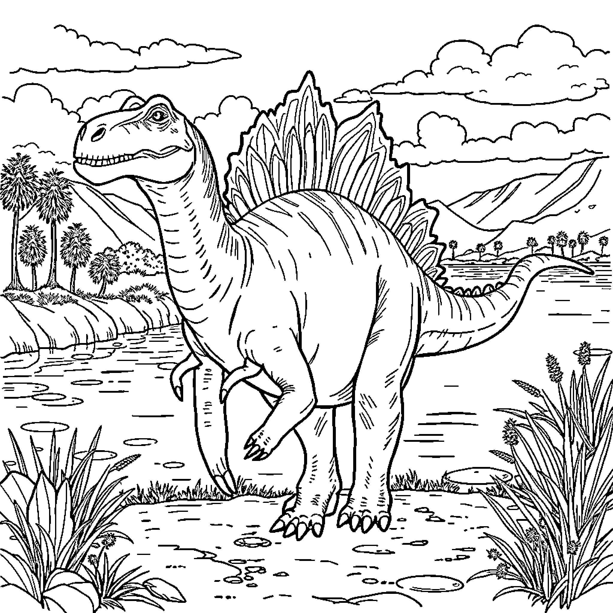 Spinosaurus dinosaur in prehistoric landscape Coloring Page (free black-and-white line drawing printable PDF for all, from beginners to advanced learners, including children, teens, adults, and seniors)