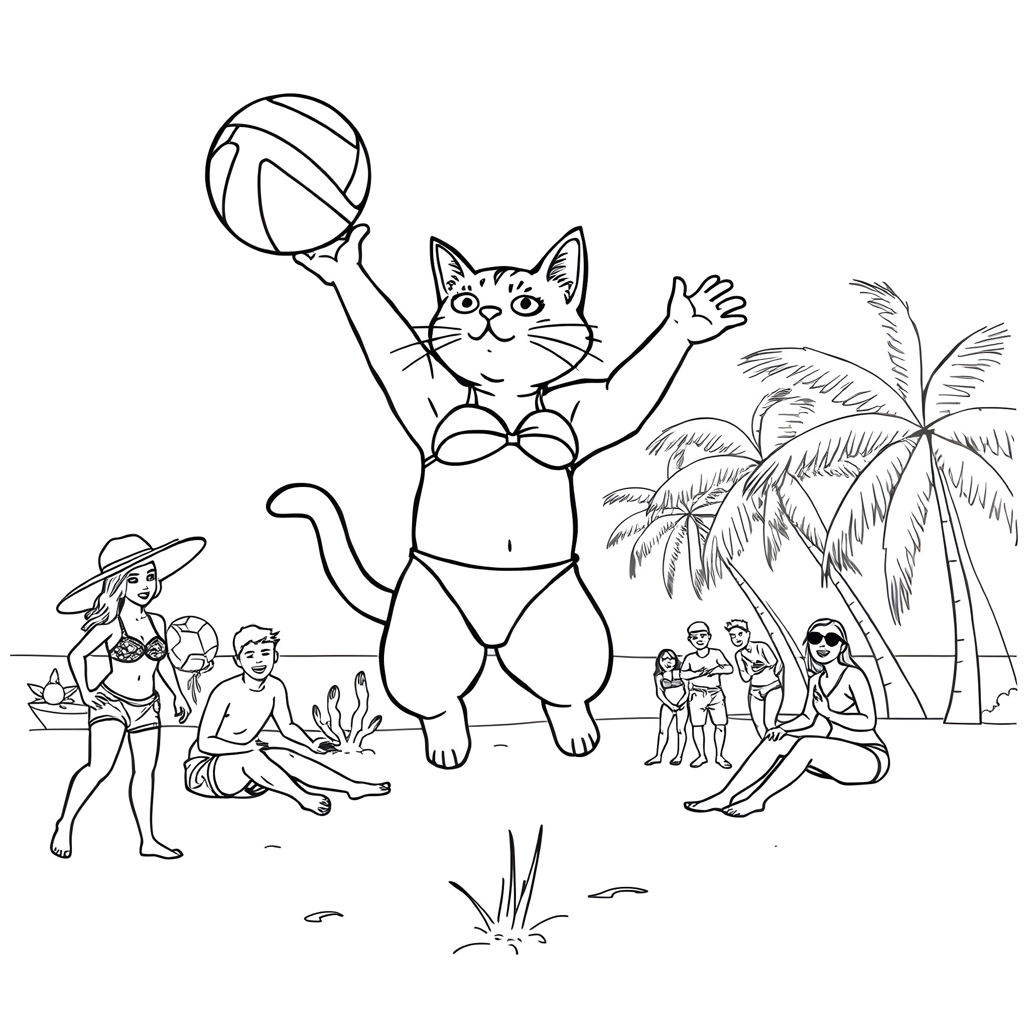 Cat playing volleyball on a tropical beach Coloring Page (free black-and-white line drawing printable PDF for all, from beginners to advanced learners, including children, teens, adults, and seniors)