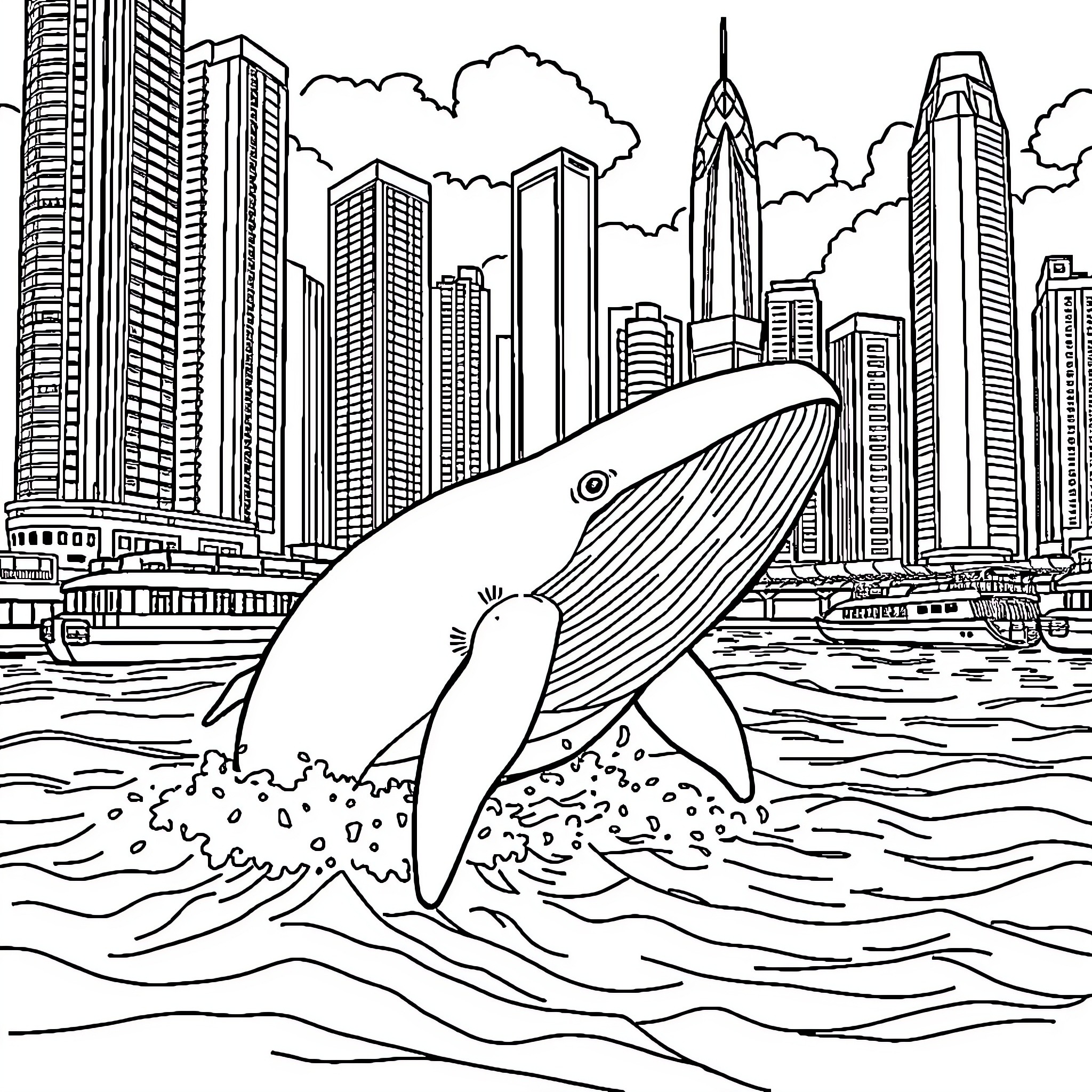 Whale swimming in the city harbor Coloring Page (free black-and-white line drawing printable PDF for all, from beginners to advanced learners, including children, teens, adults, and seniors)