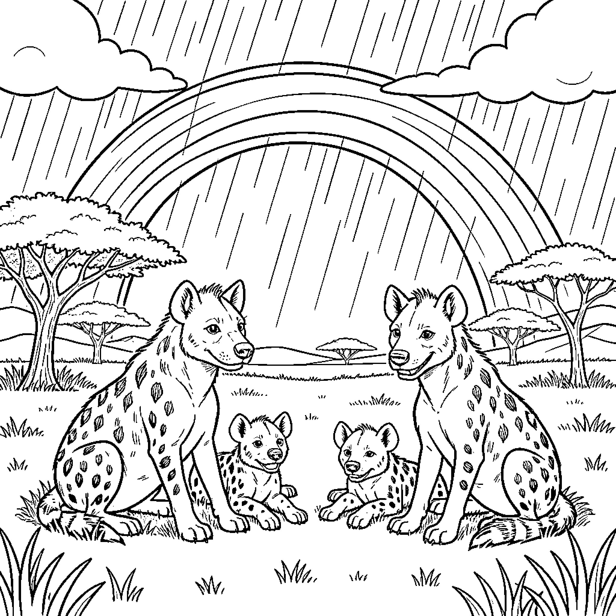 Hyena family sitting together under a rainbow Coloring Page (free black-and-white line drawing printable PDF for all, from beginners to advanced learners, including children, teens, adults, and seniors)