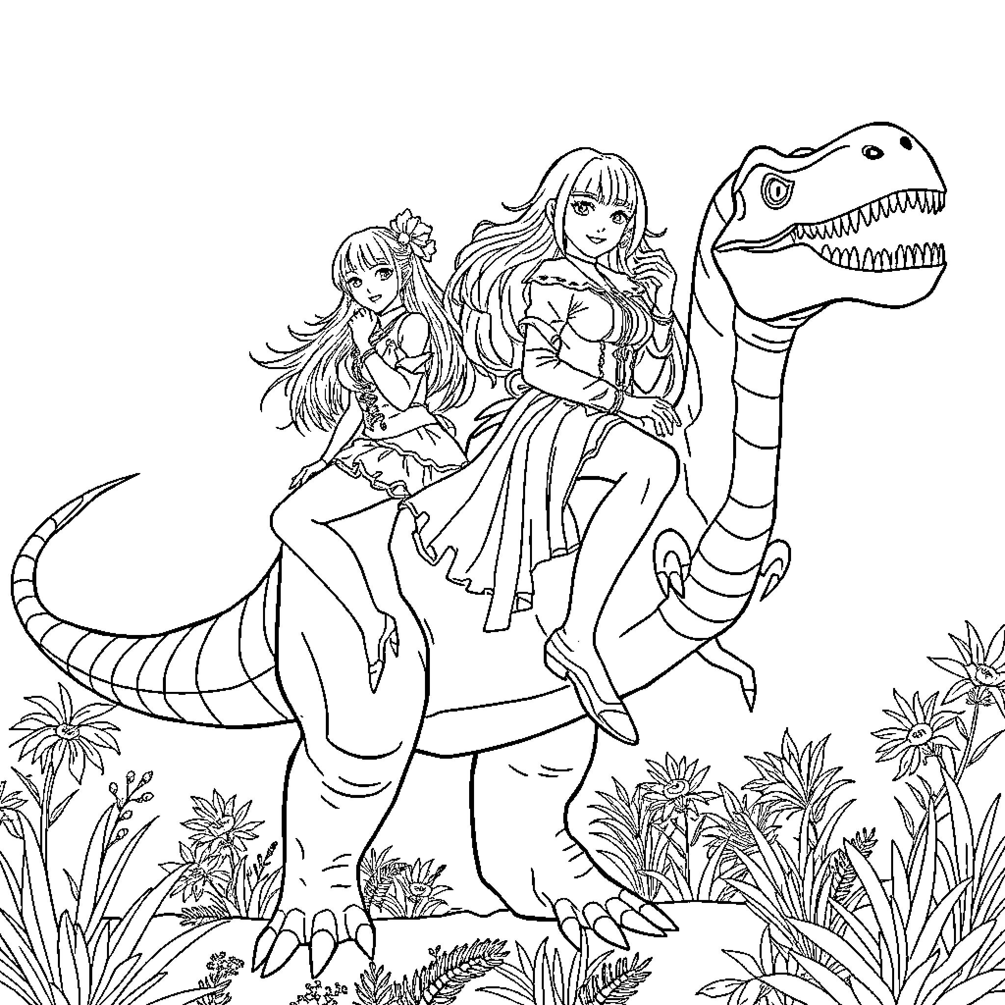 Kpop Warriors Riding Fierce Dinosaurs in Lush Wilderness Coloring Page (free black-and-white line drawing printable PDF for all, from beginners to advanced learners, including children, teens, adults, and seniors)
