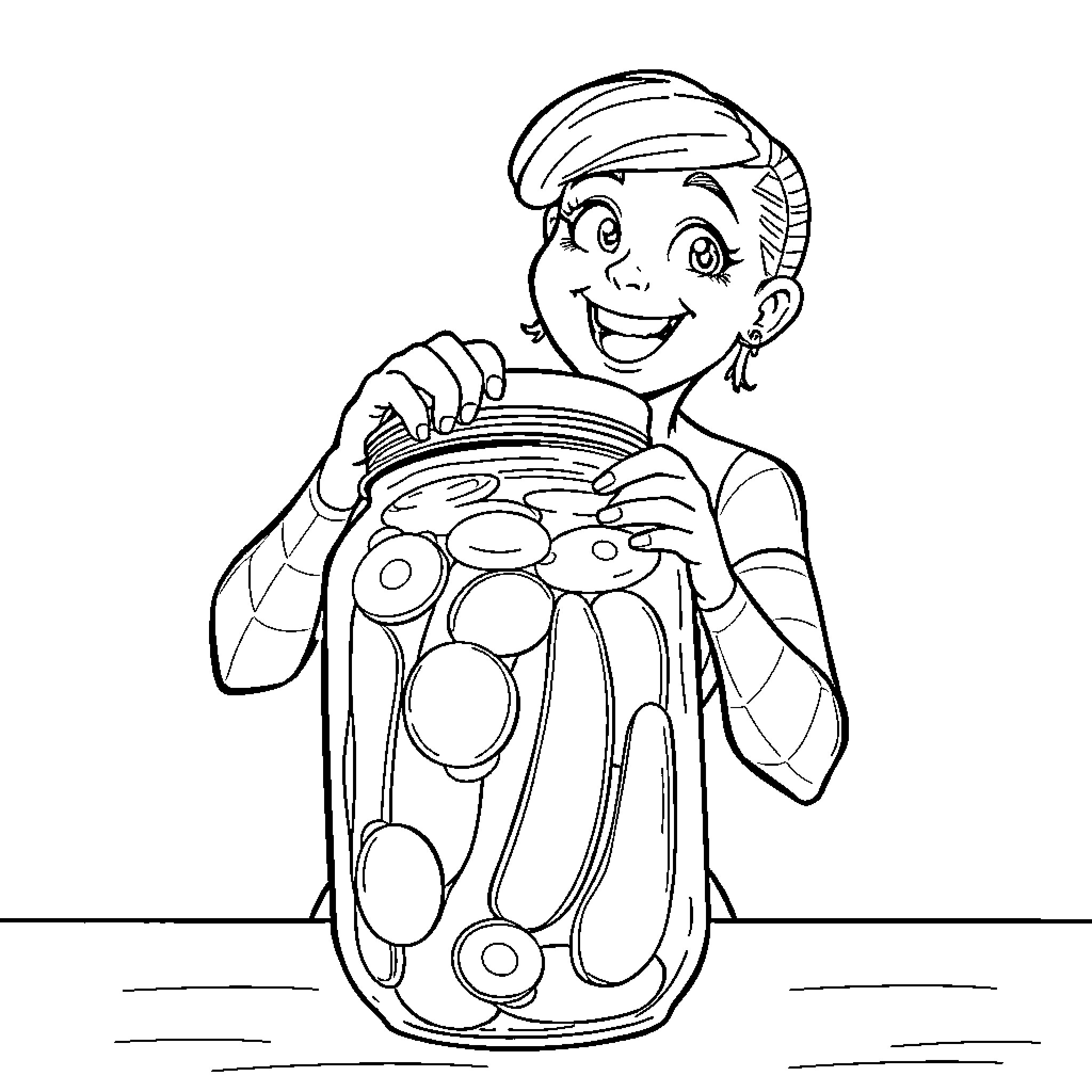Gwenpool enjoying her favorite snacks in a jar Coloring Page (free black-and-white line drawing printable PDF for all, from beginners to advanced learners, including children, teens, adults, and seniors)