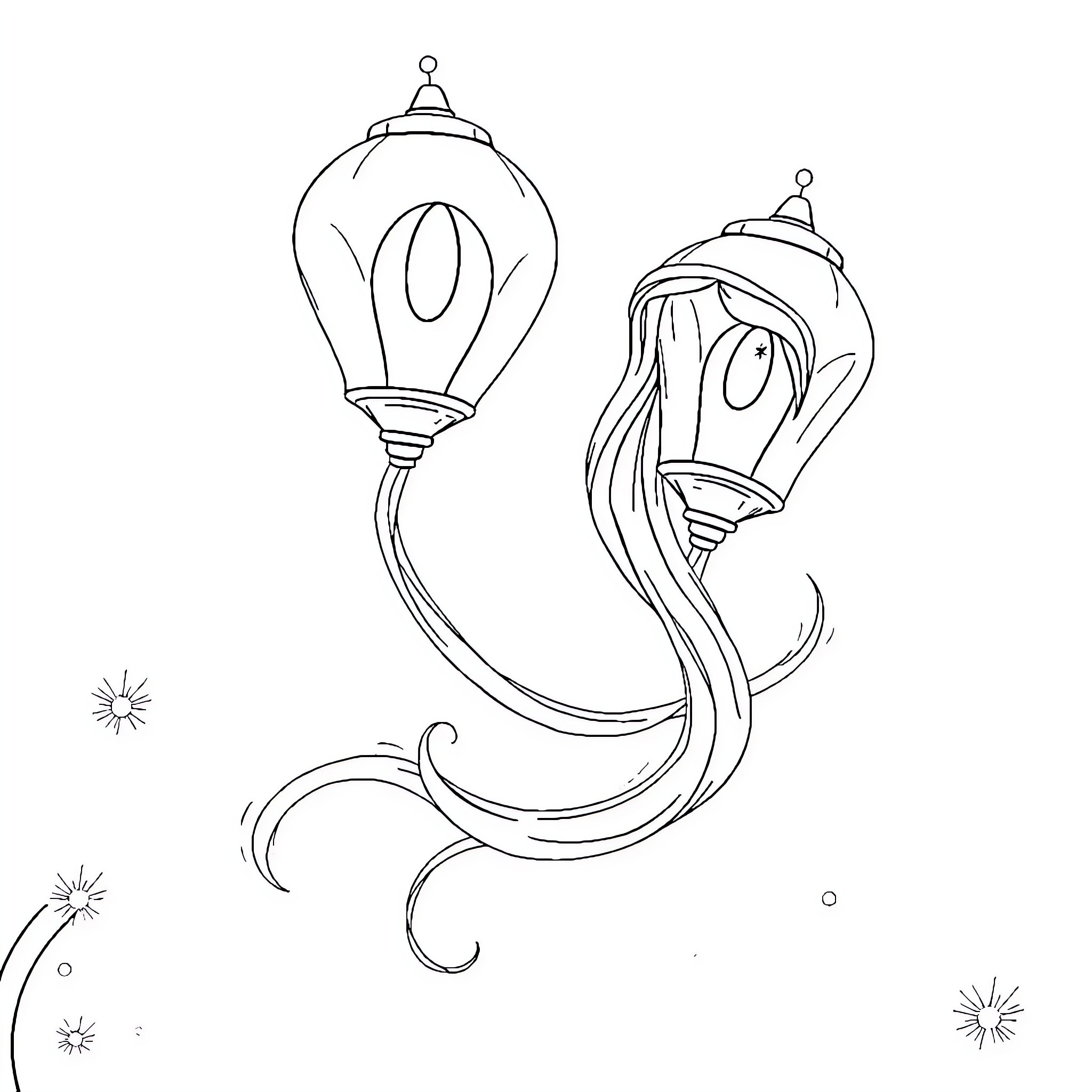 Lamp with swirling magical spirits Coloring Page (free black-and-white line drawing printable PDF for all, from beginners to advanced learners, including children, teens, adults, and seniors)