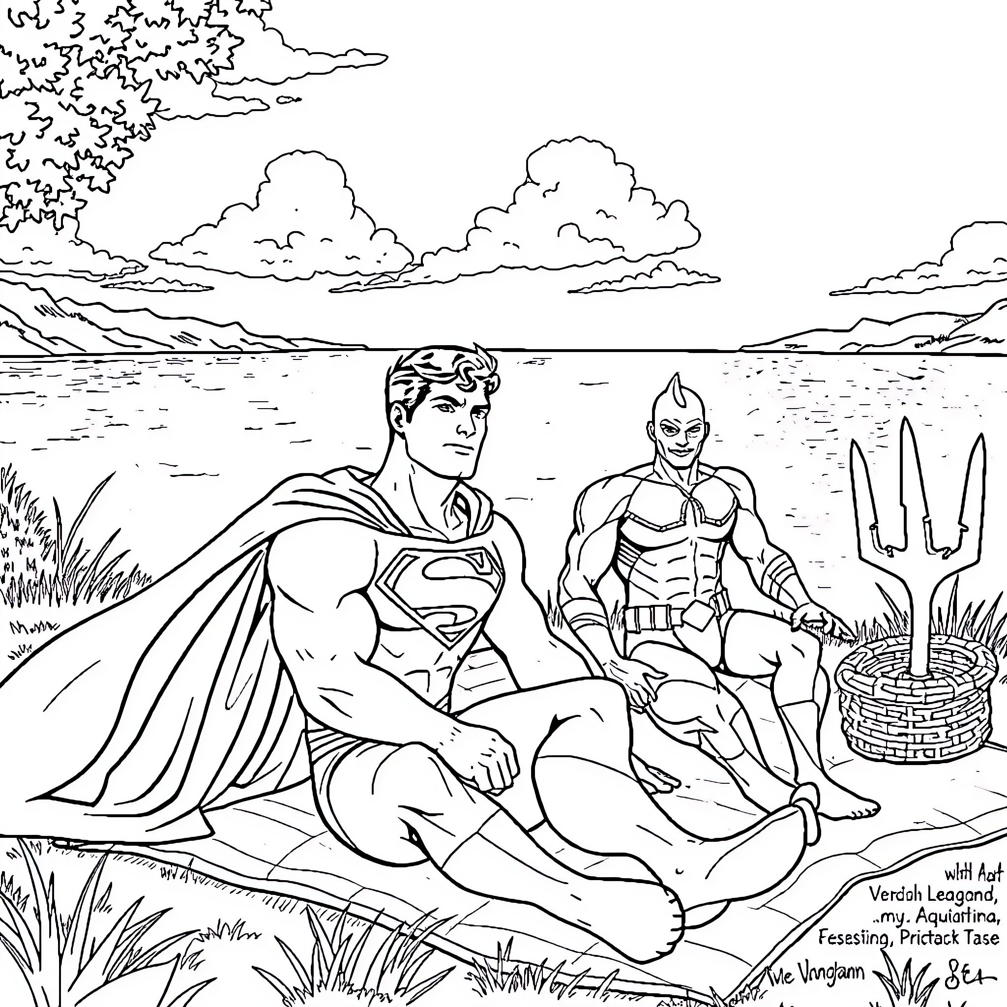 Superman and Superhero Relaxing by the Lakeside Coloring Page (free black-and-white line drawing printable PDF for all, from beginners to advanced learners, including children, teens, adults, and seniors)