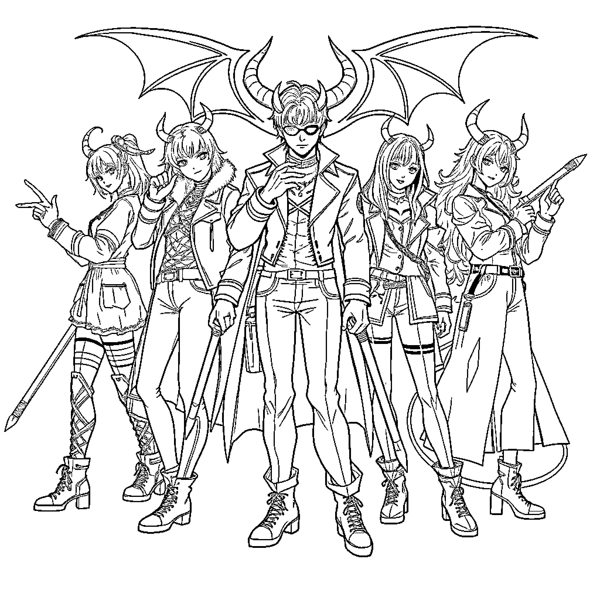 Demon Hunter Leads Heroic Squad in Stylish Attire Coloring Page (free black-and-white line drawing printable PDF for all, from beginners to advanced learners, including children, teens, adults, and seniors)