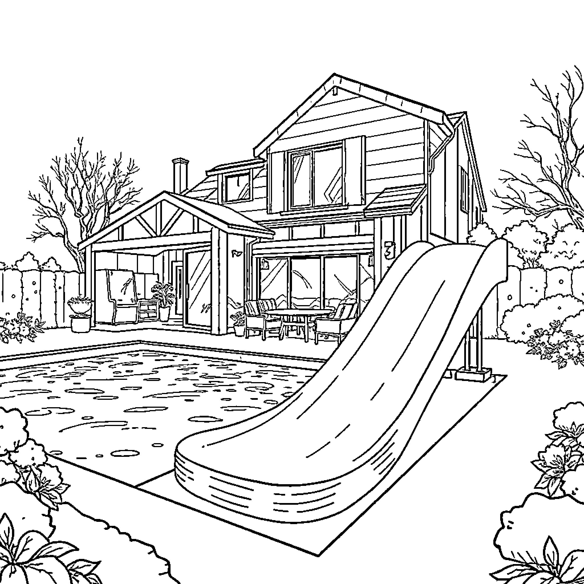 House with a swimming pool and a slide Coloring Page (free black-and-white line drawing printable PDF for all, from beginners to advanced learners, including children, teens, adults, and seniors)