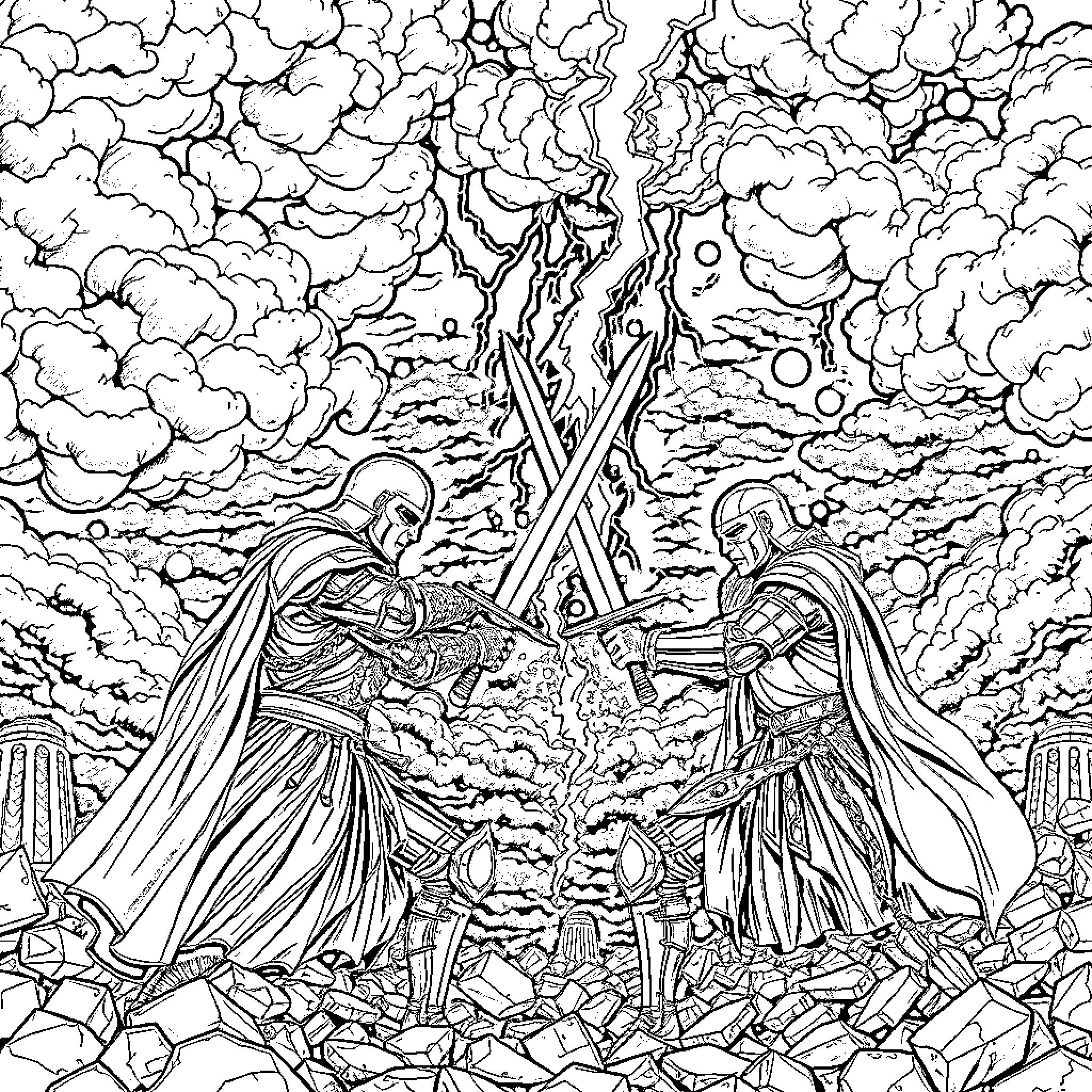 Knight's Duel in the Clouded Skies Coloring Page (free black-and-white line drawing printable PDF for all, from beginners to advanced learners, including children, teens, adults, and seniors)
