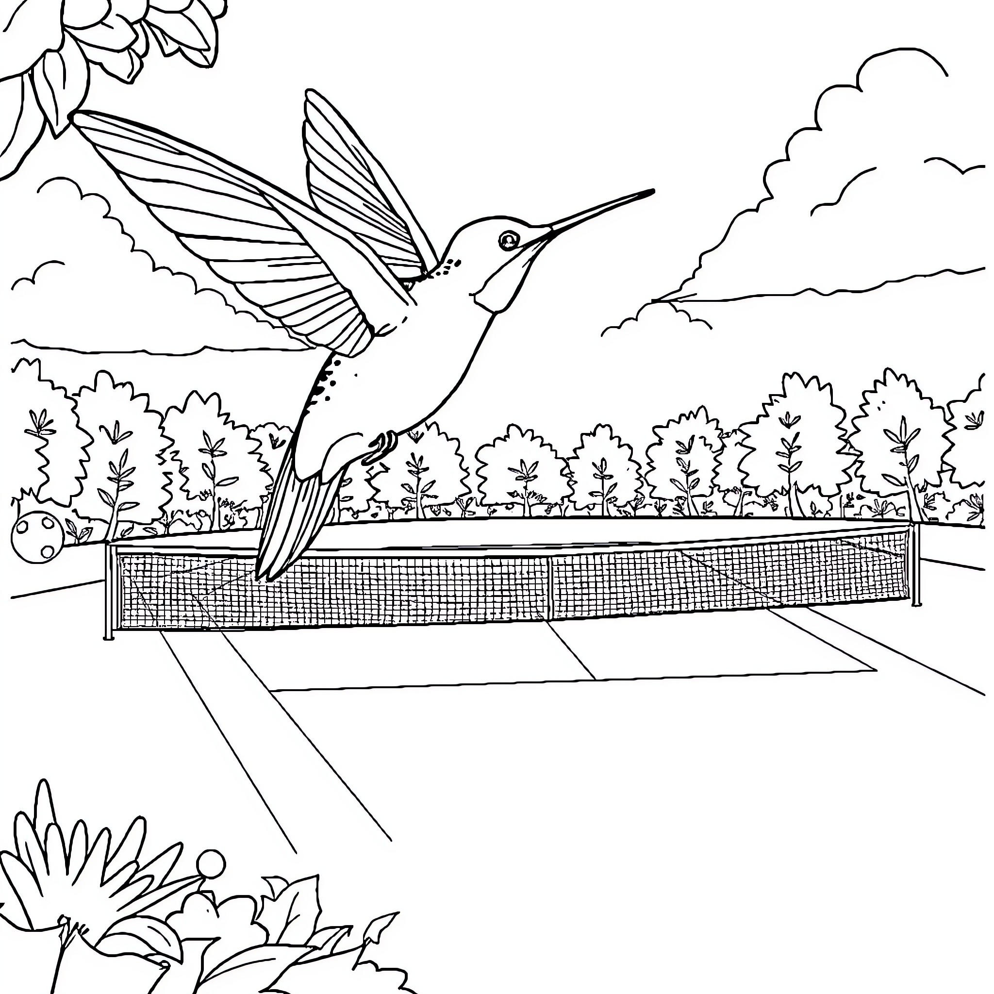 Hummingbird soaring through a floral landscape Coloring Page (free black-and-white line drawing printable PDF for all, from beginners to advanced learners, including children, teens, adults, and seniors)