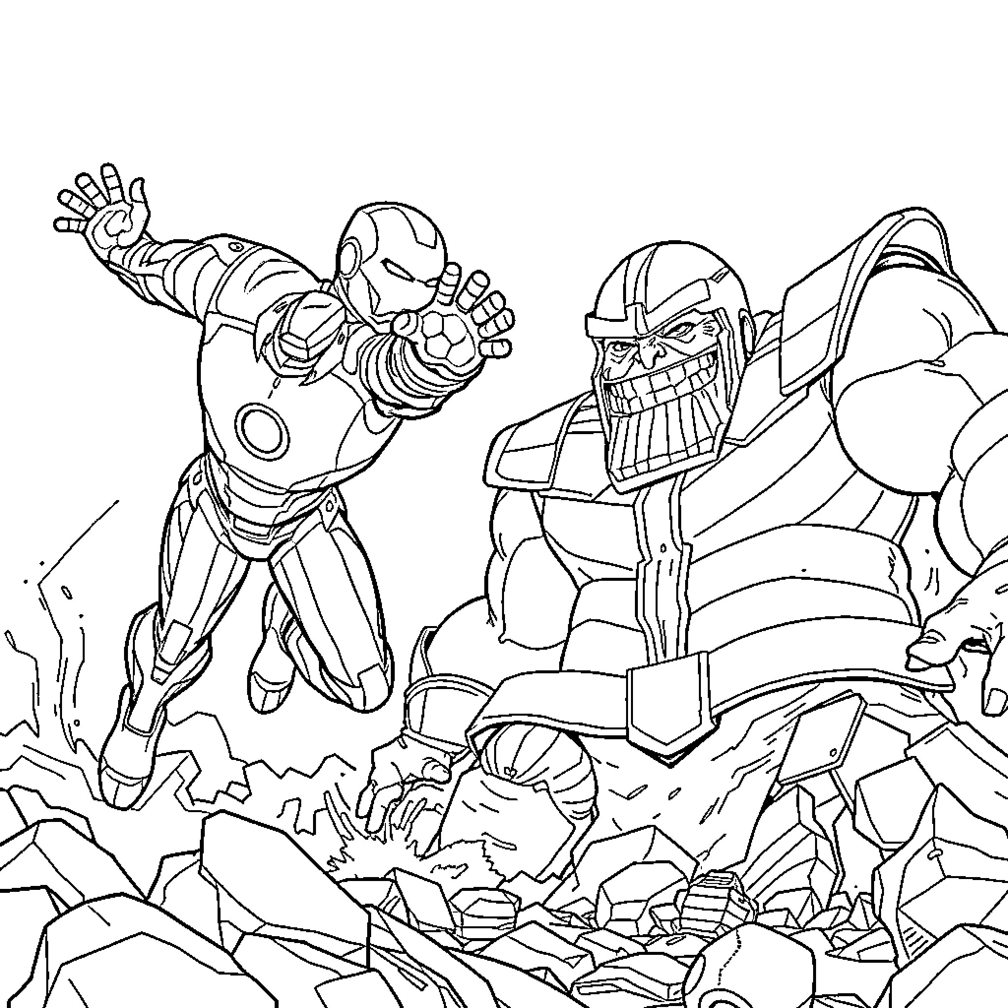Iron Man battling the mighty Thanos in an epic showdown Coloring Page (free black-and-white line drawing printable PDF for all, from beginners to advanced learners, including children, teens, adults, and seniors)
