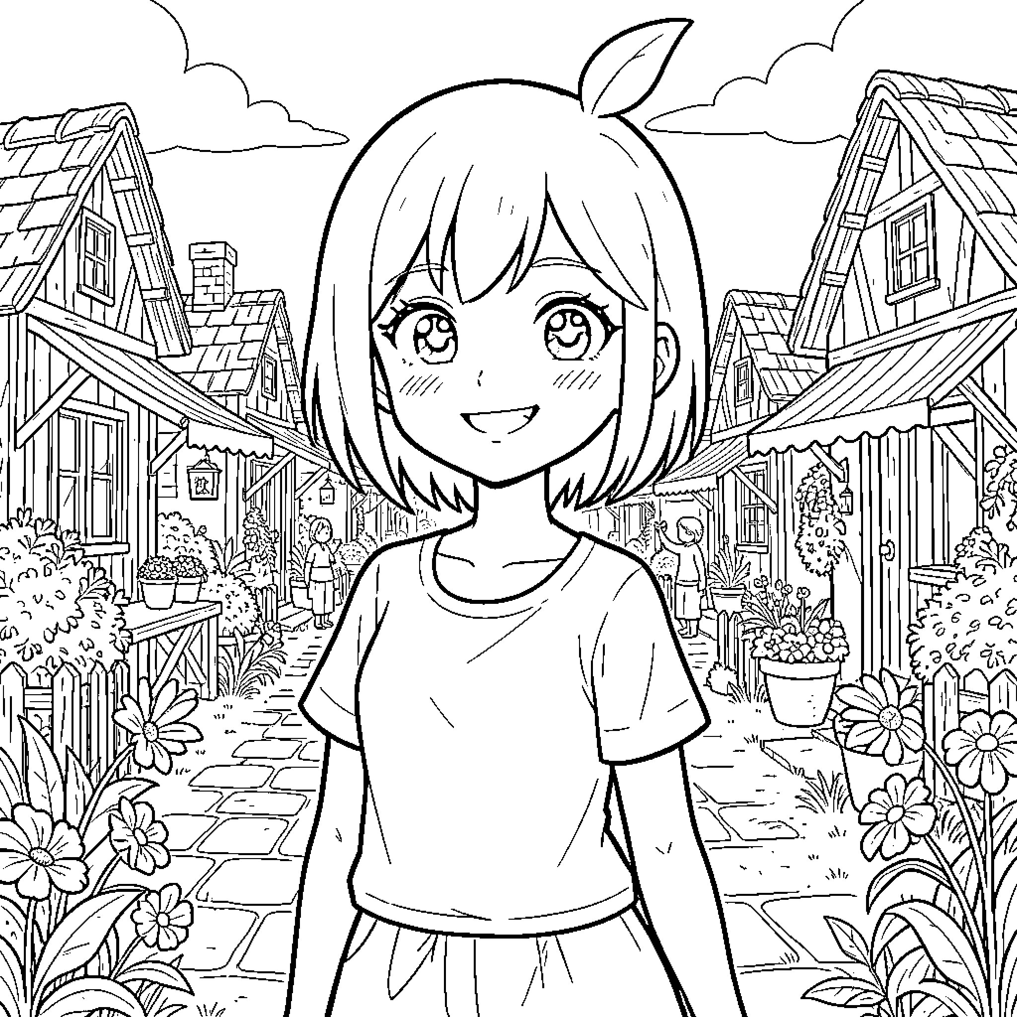 Terumi's Cheerful Stroll Through the Whimsical Village Coloring Page (free black-and-white line drawing printable PDF for all, from beginners to advanced learners, including children, teens, adults, and seniors)