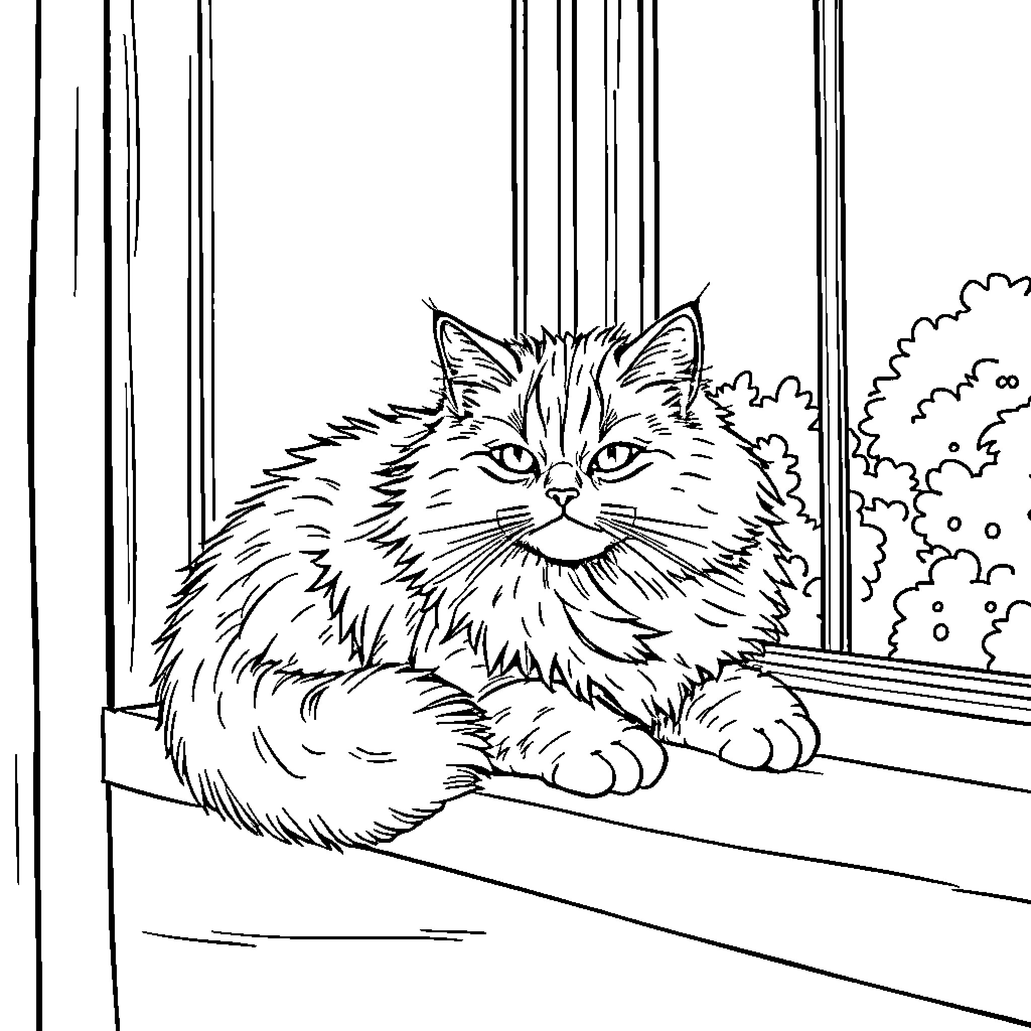 Cat sitting on windowsill Coloring Page (free black-and-white line drawing printable PDF for all, from beginners to advanced learners, including children, teens, adults, and seniors)