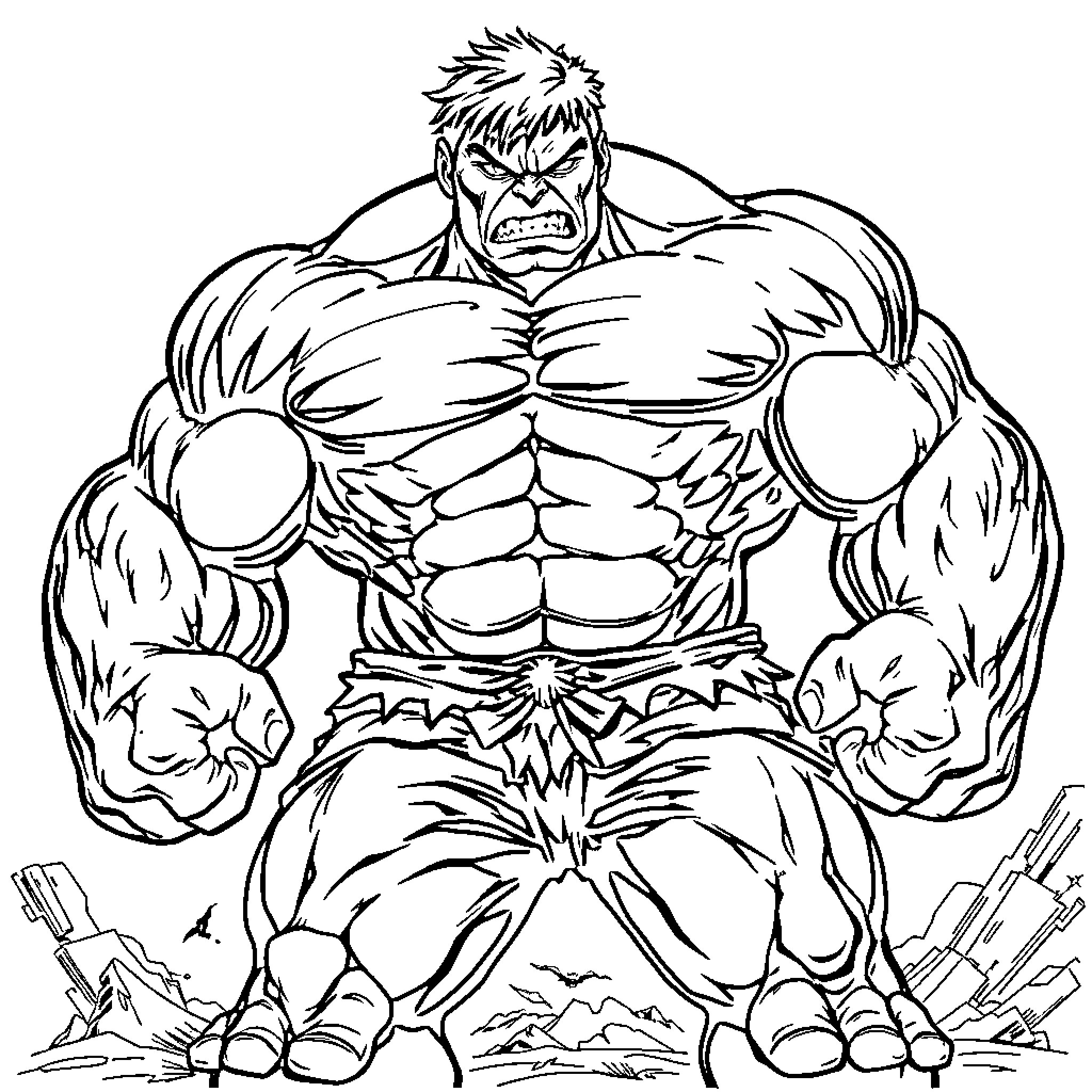 Hulk Unleashing Mighty Strength in Intense Scene Coloring Page (free black-and-white line drawing printable PDF for all, from beginners to advanced learners, including children, teens, adults, and seniors)